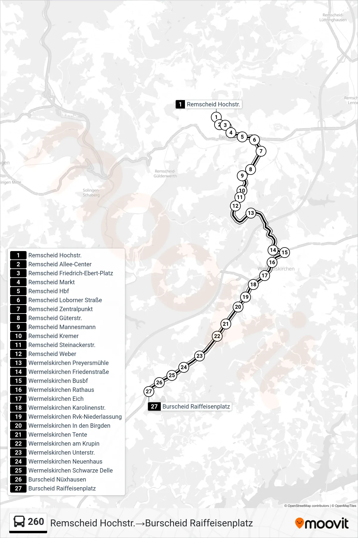 Linie 260 (Bus) Richtung Remscheid Hochstr.→Burscheid Raiffeisenplatz: Route und Haltestellen auf der Karte