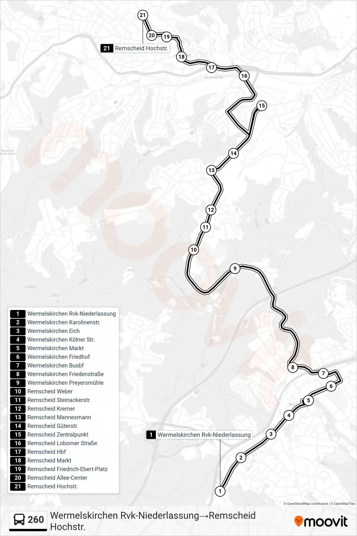 Linie 260 (Bus) Richtung Wermelskirchen Rvk-Niederlassung→Remscheid Hochstr.: Route und Haltestellen auf der Karte
