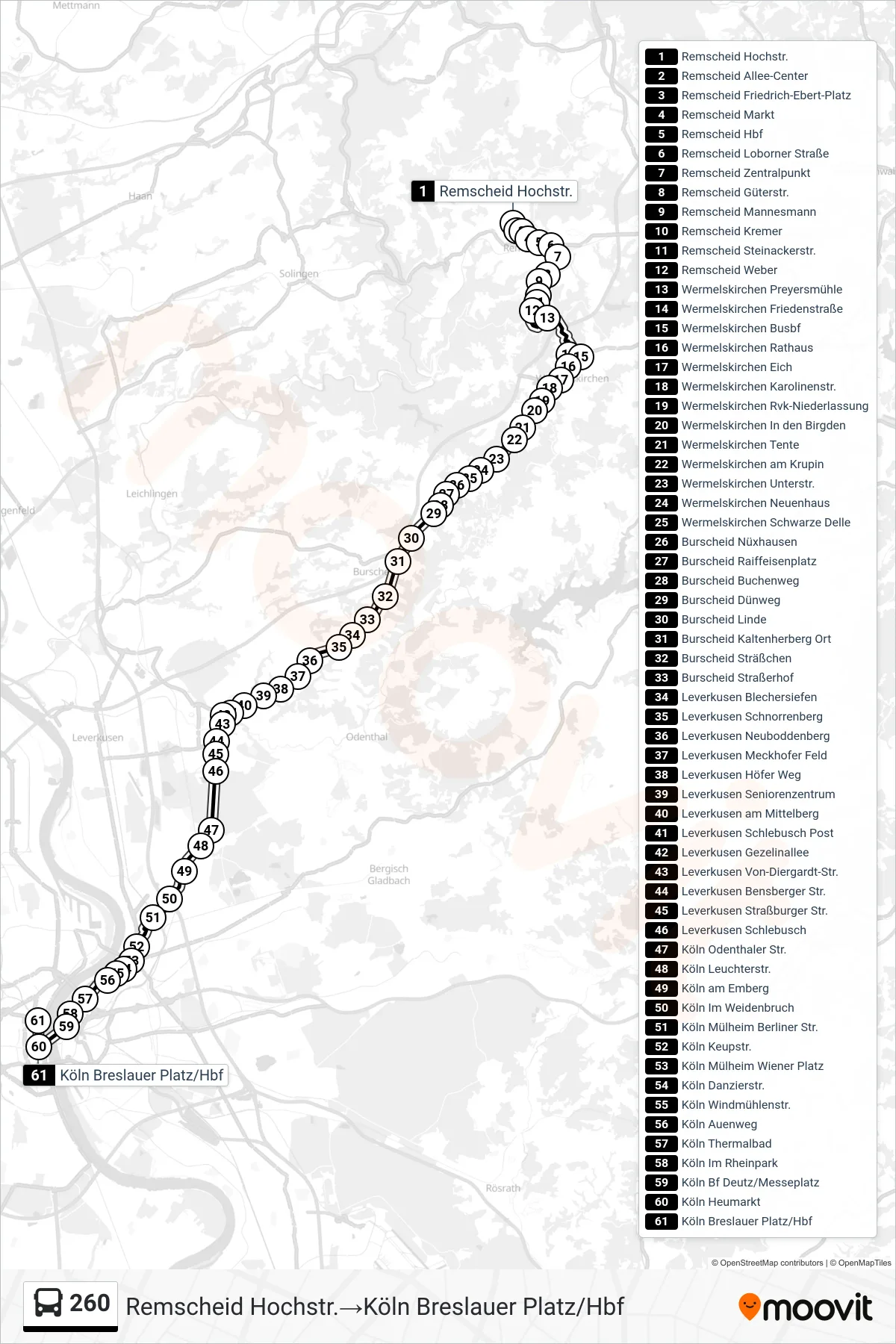 Linie 260 (Bus) Richtung Remscheid Hochstr.→Köln Breslauer Platz/Hbf: Route und Haltestellen auf der Karte