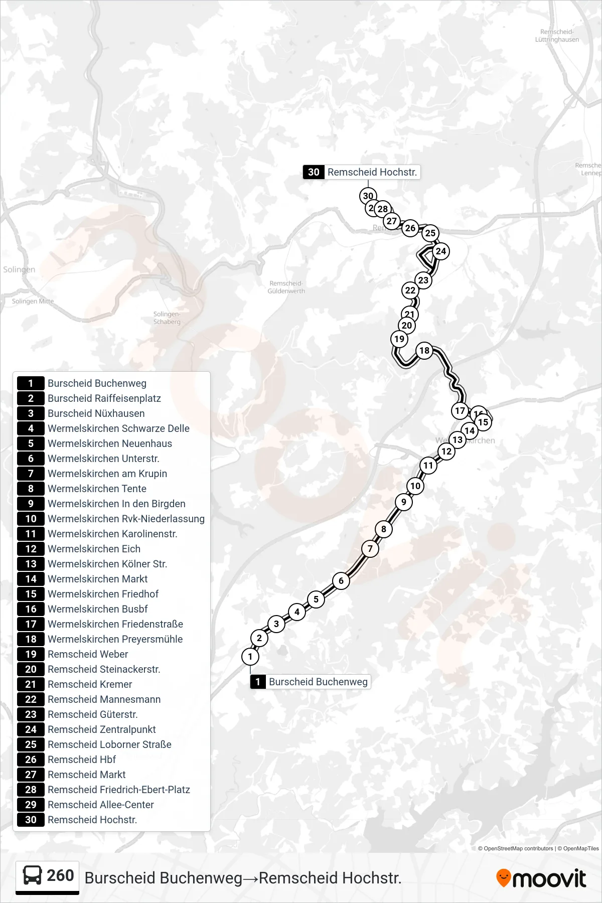 260 bus Line (Burscheid Buchenweg→Remscheid Hochstr.) route and stops on a map