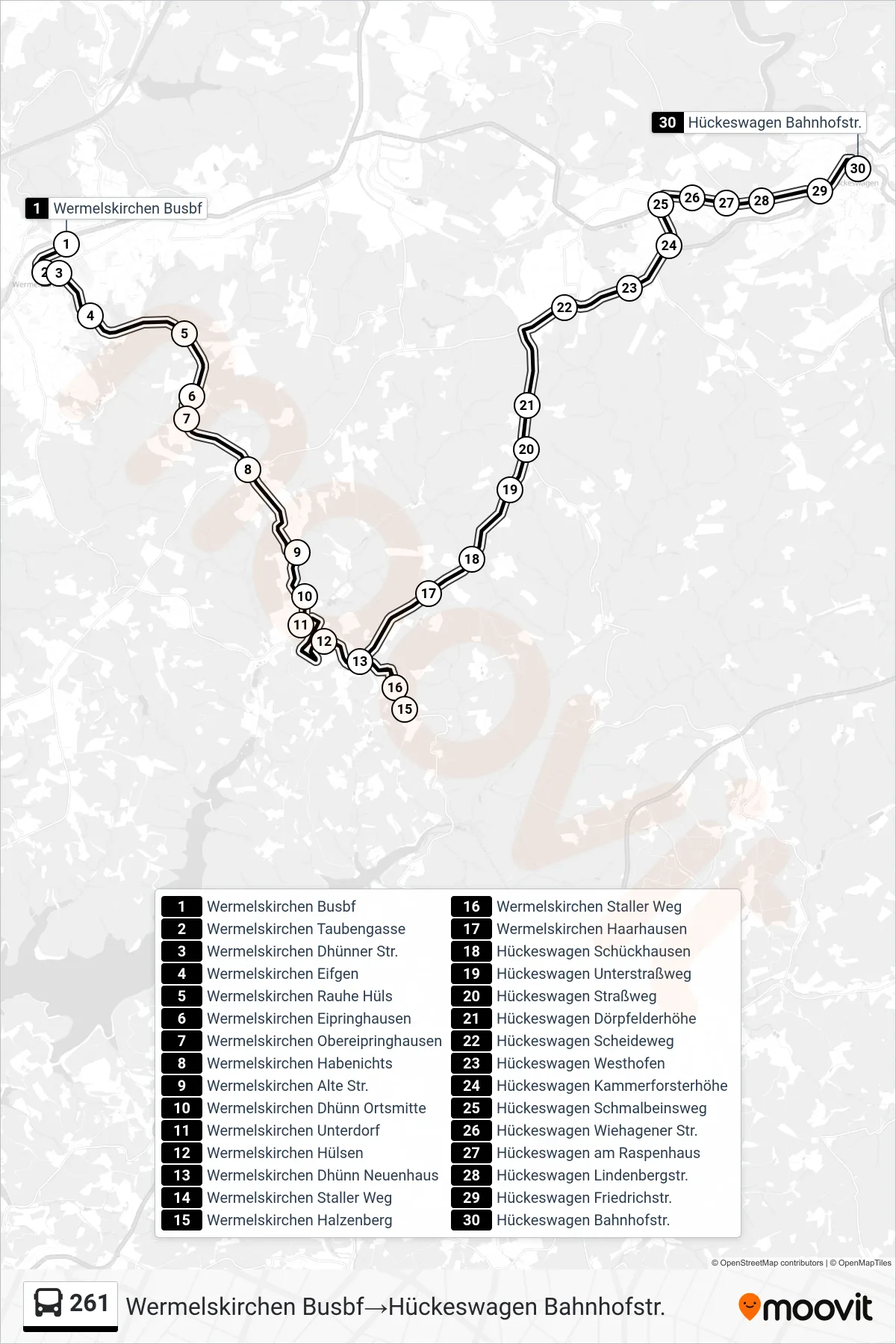 Linie 261 (Bus) Richtung Wermelskirchen Busbf→Hückeswagen Bahnhofstr.: Route und Haltestellen auf der Karte