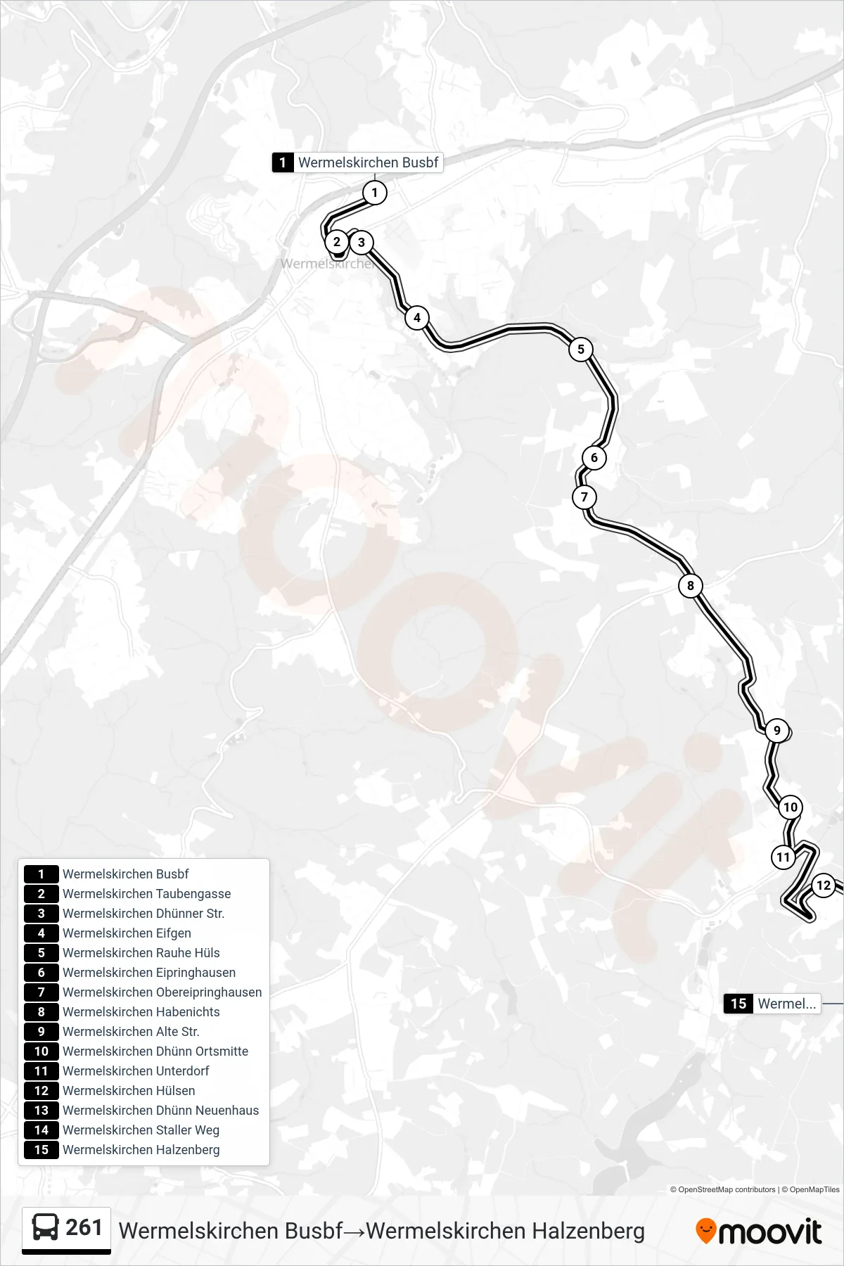 Linie 261 (Bus) Richtung Wermelskirchen Busbf‎→Wermelskirchen Halzenberg: Route und Haltestellen auf der Karte
