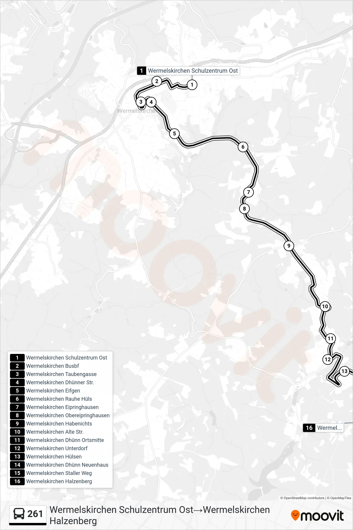 Linie 261 (Bus) Richtung Wermelskirchen Schulzentrum Ost→Wermelskirchen Halzenberg: Route und Haltestellen auf der Karte