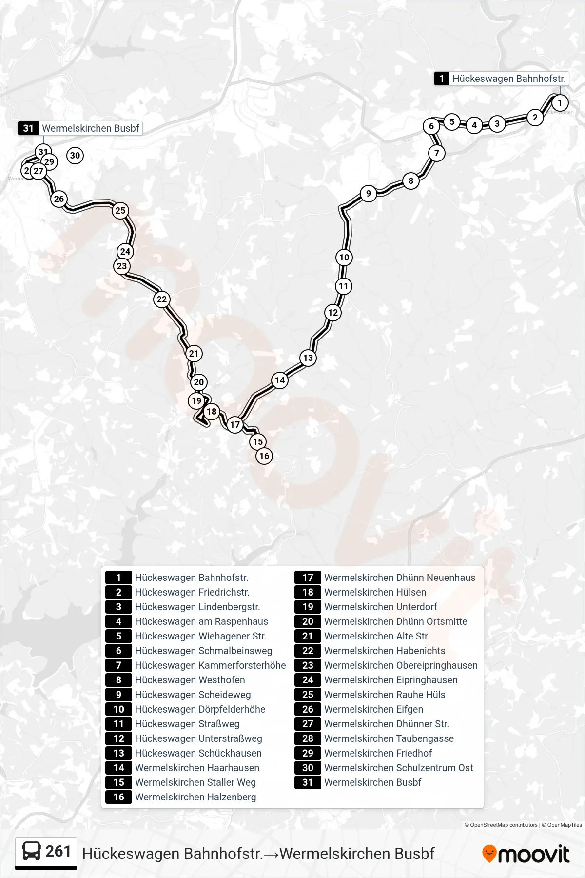 Linie 261 (Bus) Richtung Hückeswagen Bahnhofstr.→Wermelskirchen Busbf: Route und Haltestellen auf der Karte