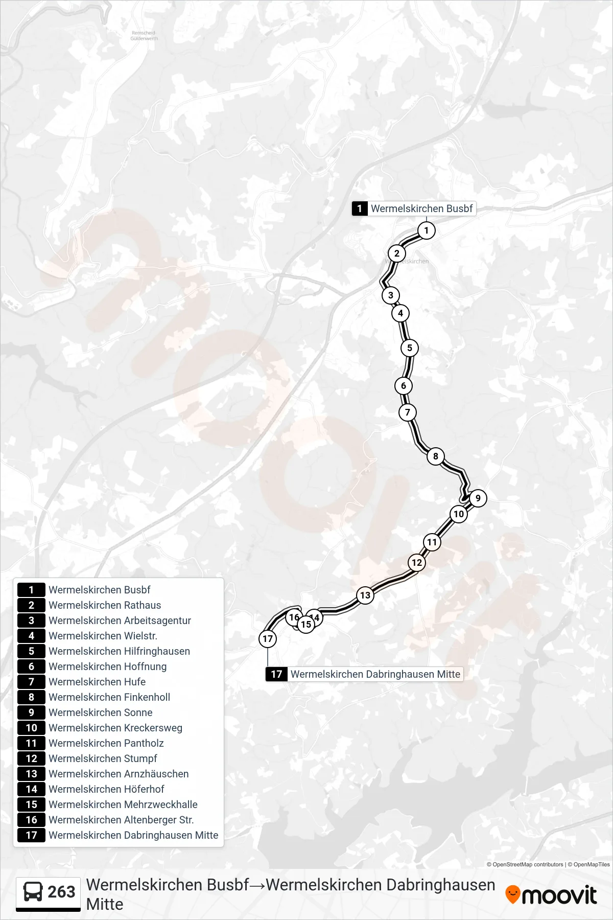 Linie 263 (Bus) Richtung Wermelskirchen Busbf→Wermelskirchen Dabringhausen Mitte: Route und Haltestellen auf der Karte