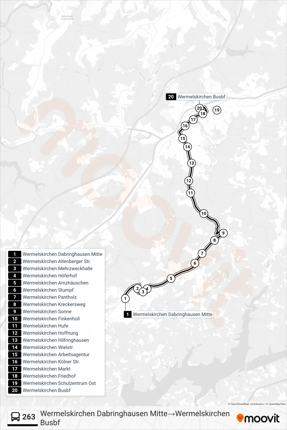 263 bus Line (Wermelskirchen Dabringhausen Mitte→Wermelskirchen Busbf) route and stops on a map