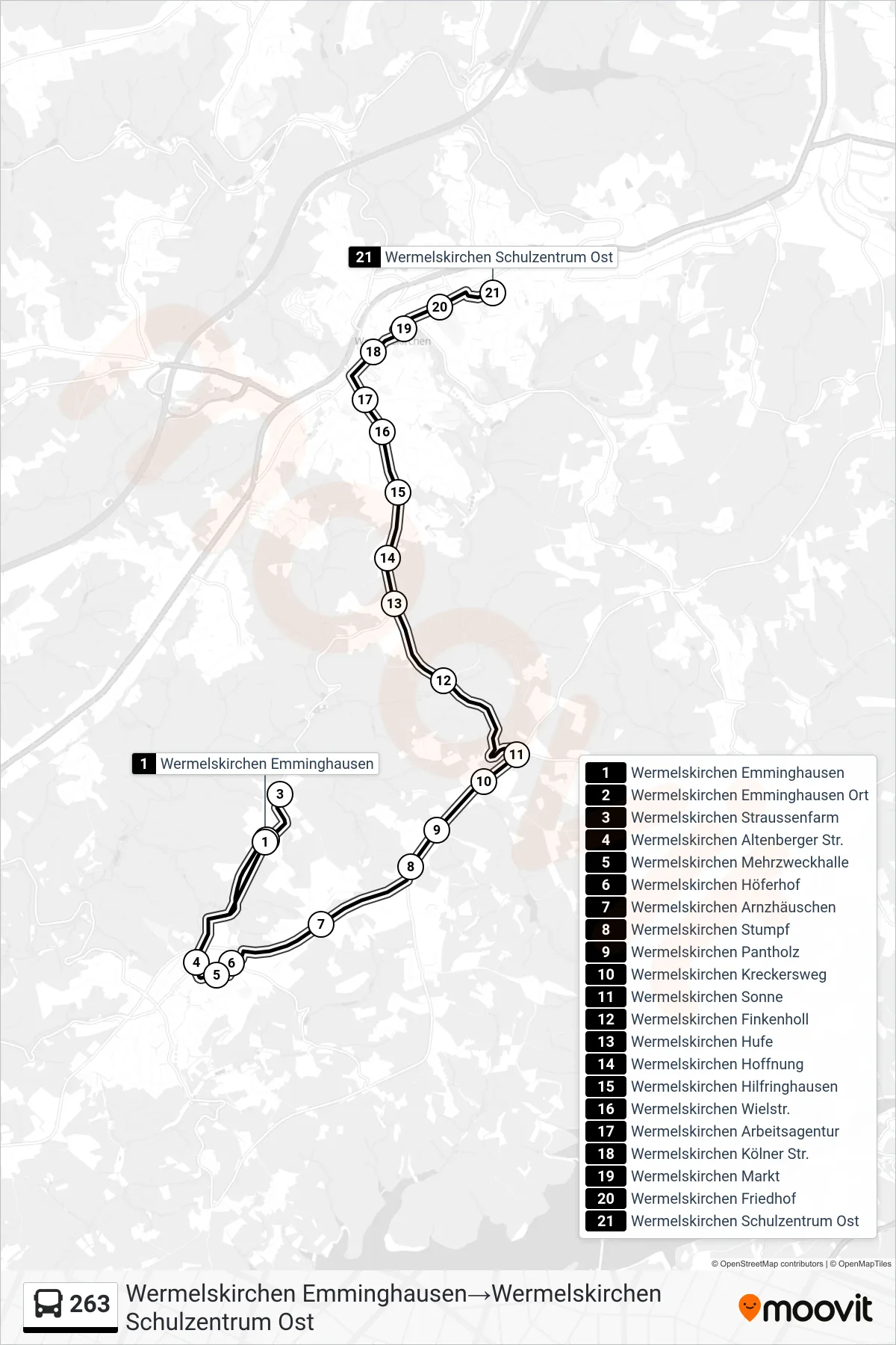 263 bus Line (Wermelskirchen Emminghausen→Wermelskirchen Schulzentrum Ost) route and stops on a map