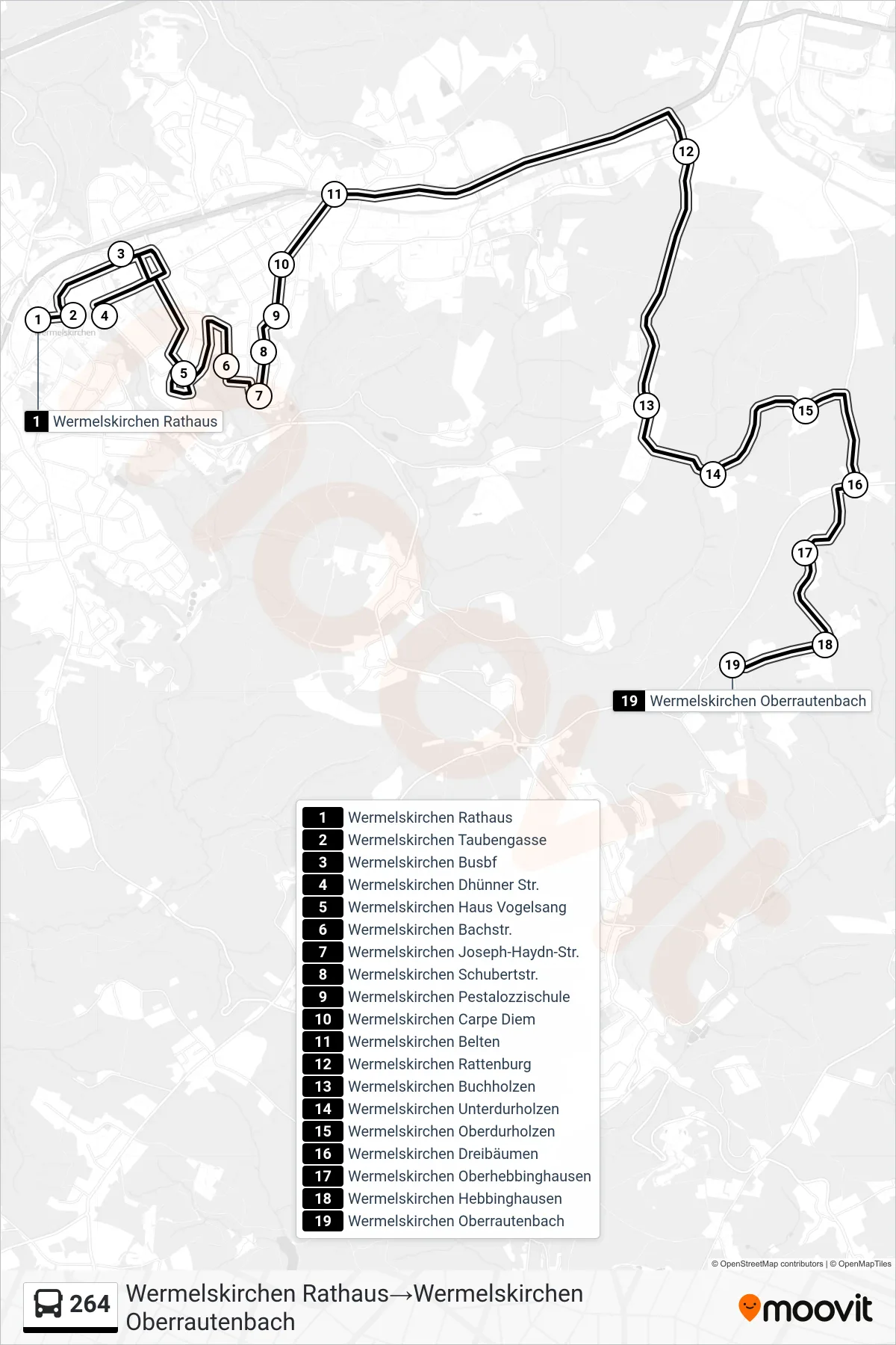 Linie 264 (Bus) Richtung Wermelskirchen Rathaus→Wermelskirchen Oberrautenbach: Route und Haltestellen auf der Karte