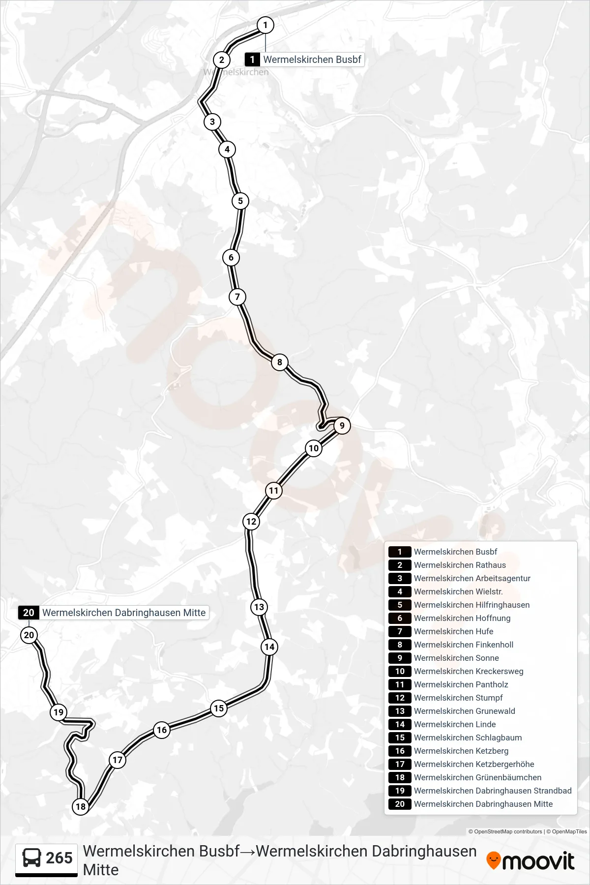 Linie 265 (Bus) Richtung Wermelskirchen Busbf‎→Wermelskirchen Dabringhausen Mitte: Route und Haltestellen auf der Karte
