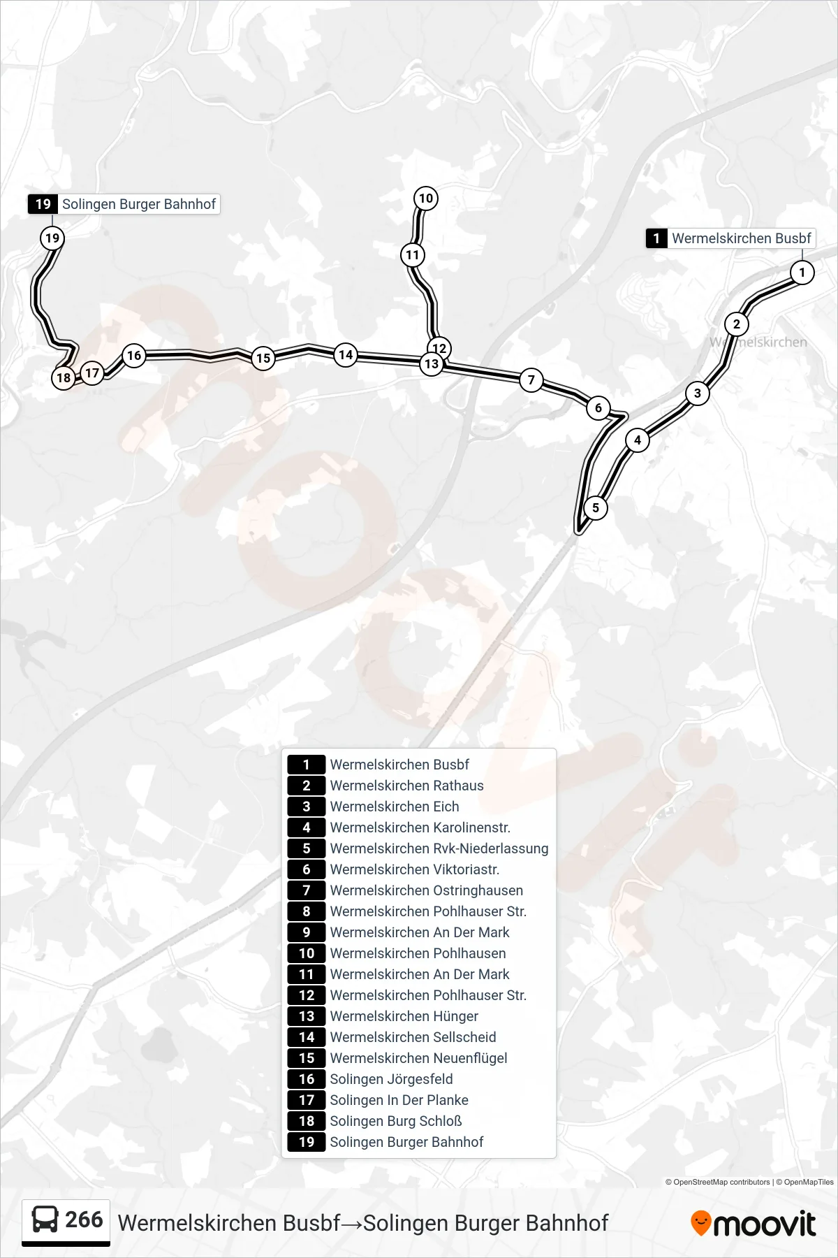 Linie 266 (Bus) Richtung Wermelskirchen Busbf→Solingen Burger Bahnhof: Route und Haltestellen auf der Karte
