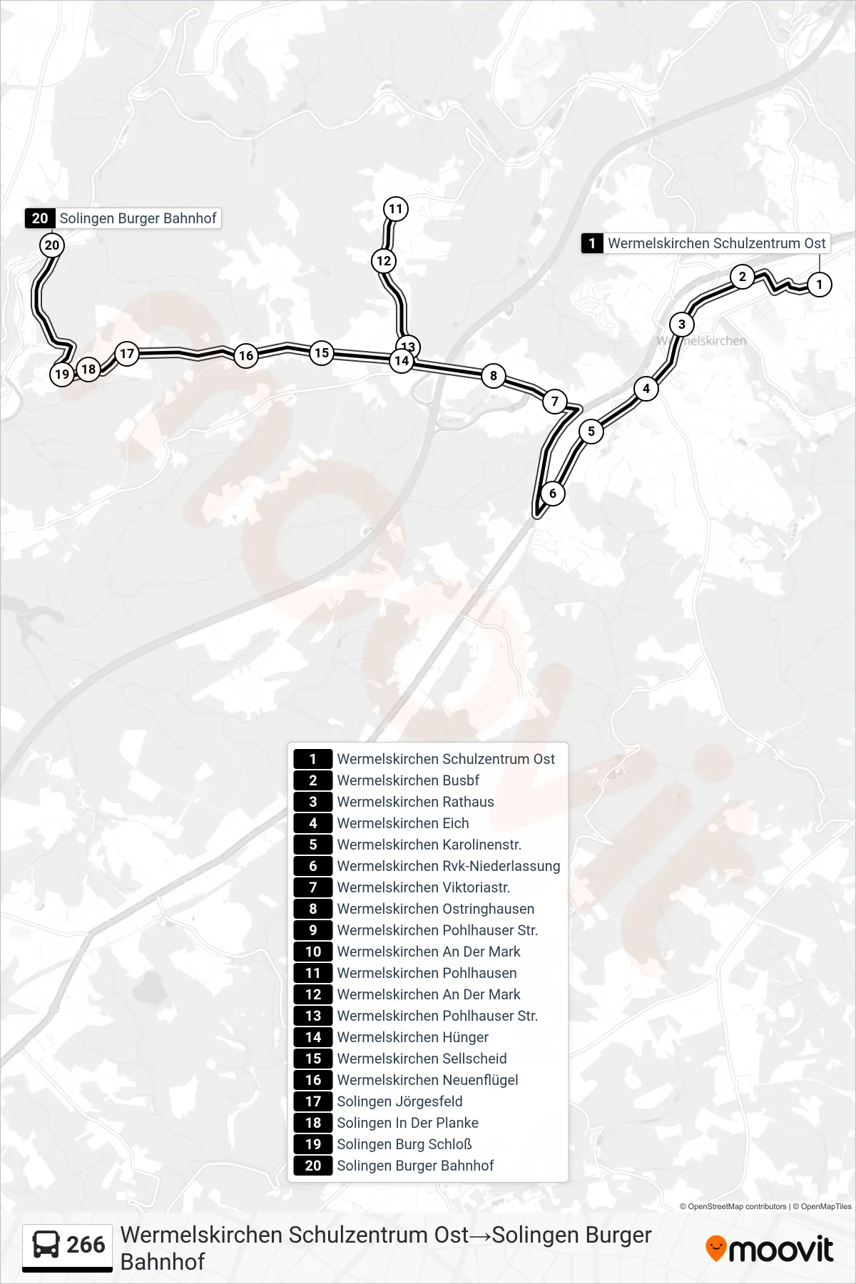 Linie 266 (Bus) Richtung Wermelskirchen Schulzentrum Ost‎→Solingen Burger Bahnhof: Route und Haltestellen auf der Karte