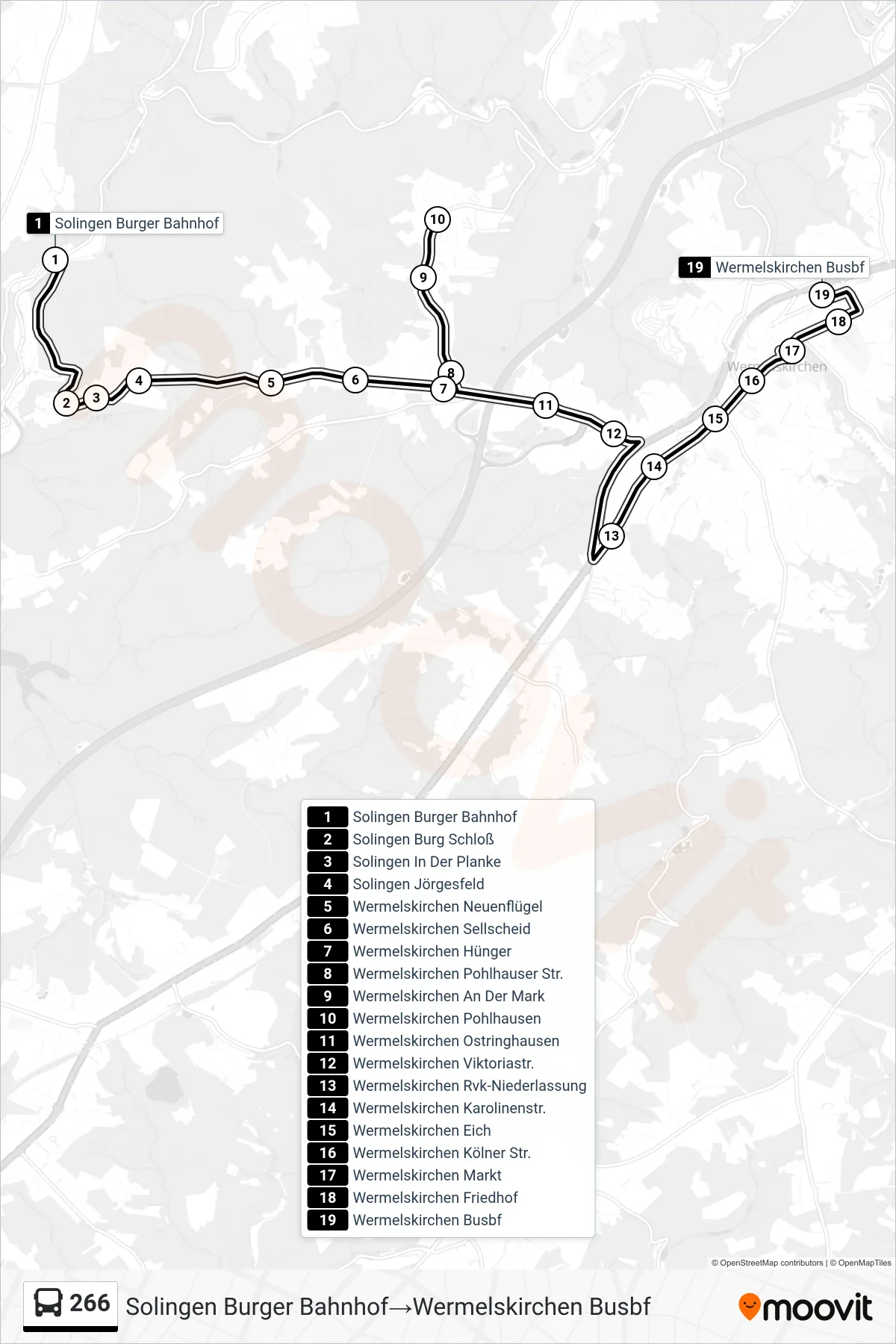 266 bus Line (Solingen Burger Bahnhof→Wermelskirchen Busbf) route and stops on a map