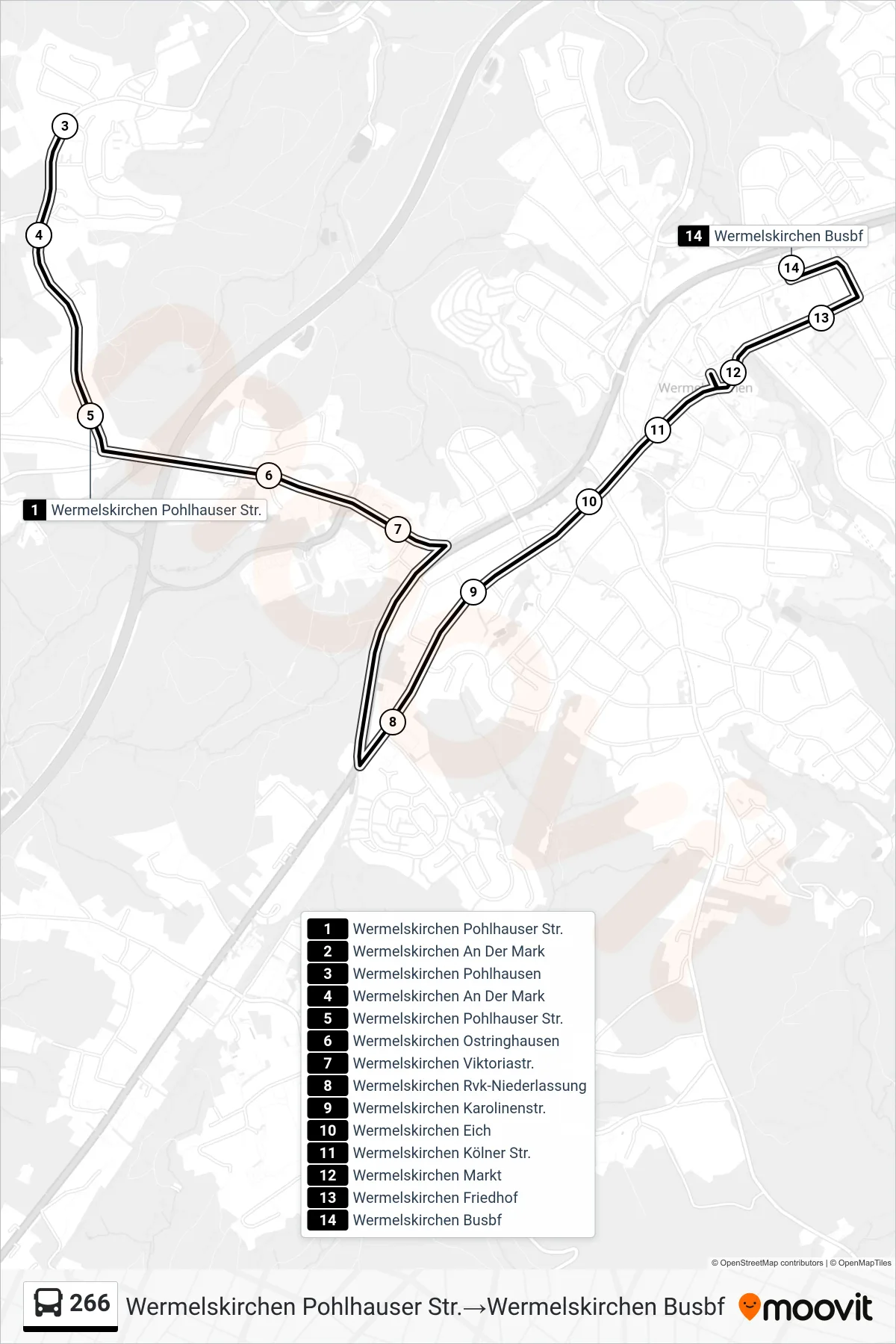 Linie 266 (Bus) Richtung Wermelskirchen Pohlhauser Str.→Wermelskirchen Busbf: Route und Haltestellen auf der Karte
