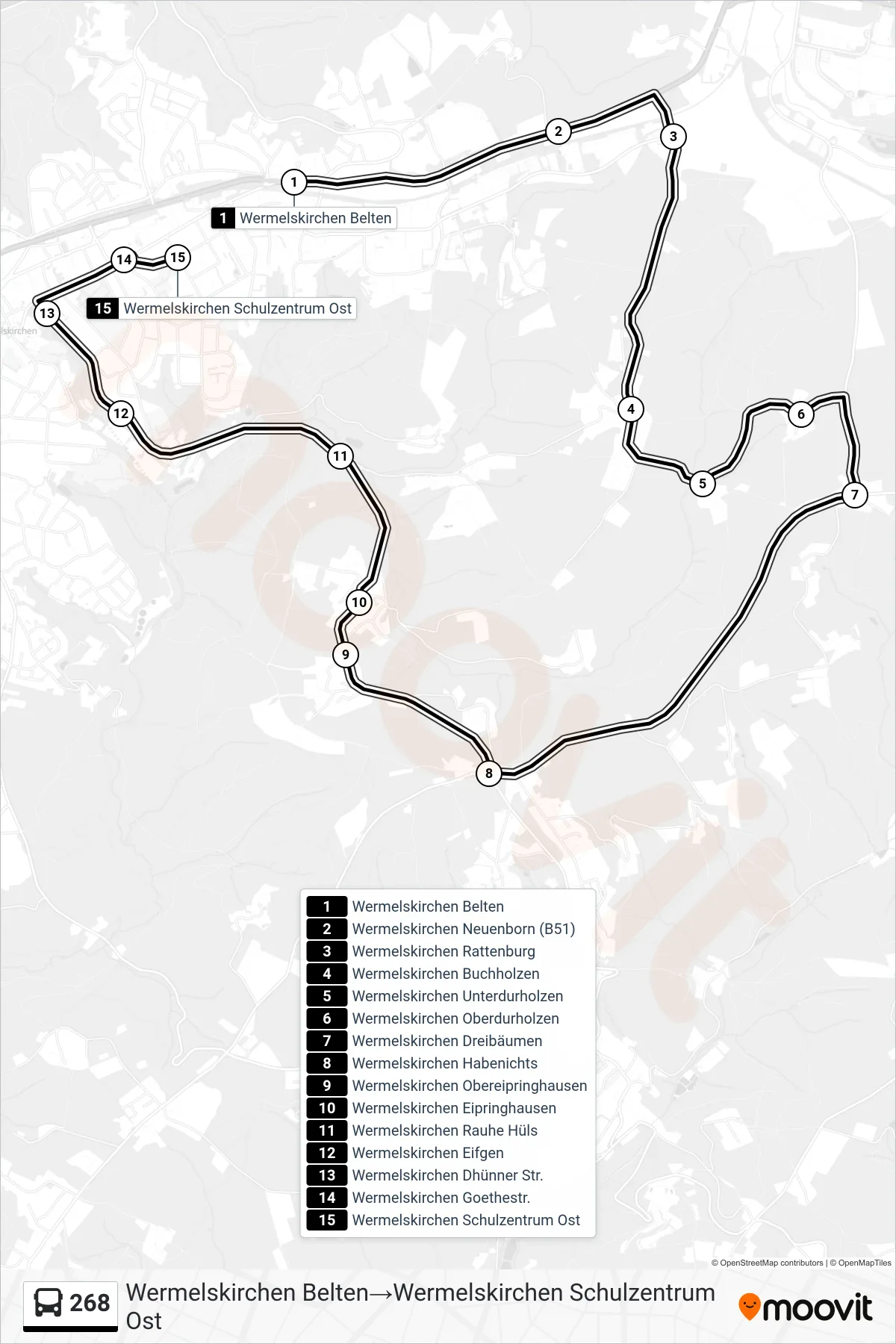 Linie 268 (Bus) Richtung Wermelskirchen Belten→Wermelskirchen Schulzentrum Ost: Route und Haltestellen auf der Karte