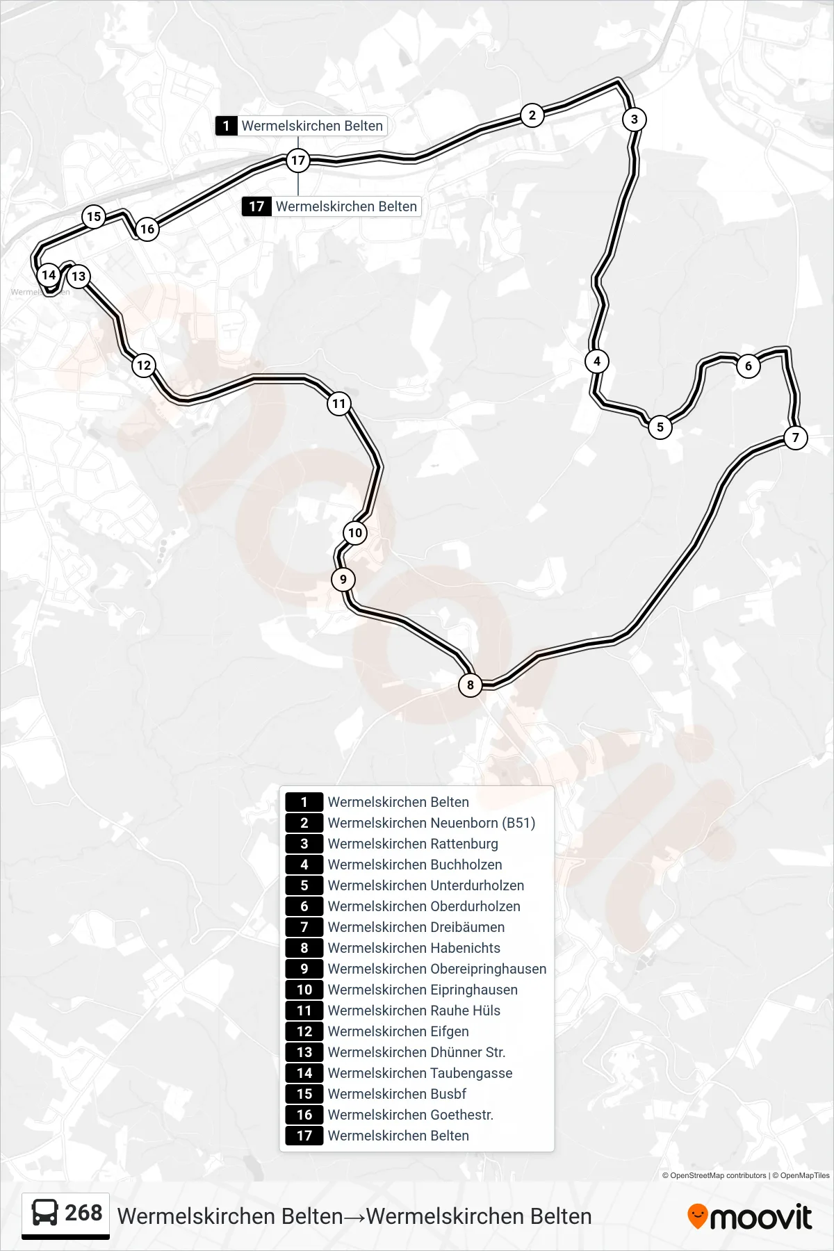 Linie 268 (Bus) Richtung Wermelskirchen Belten‎→Wermelskirchen Belten: Route und Haltestellen auf der Karte