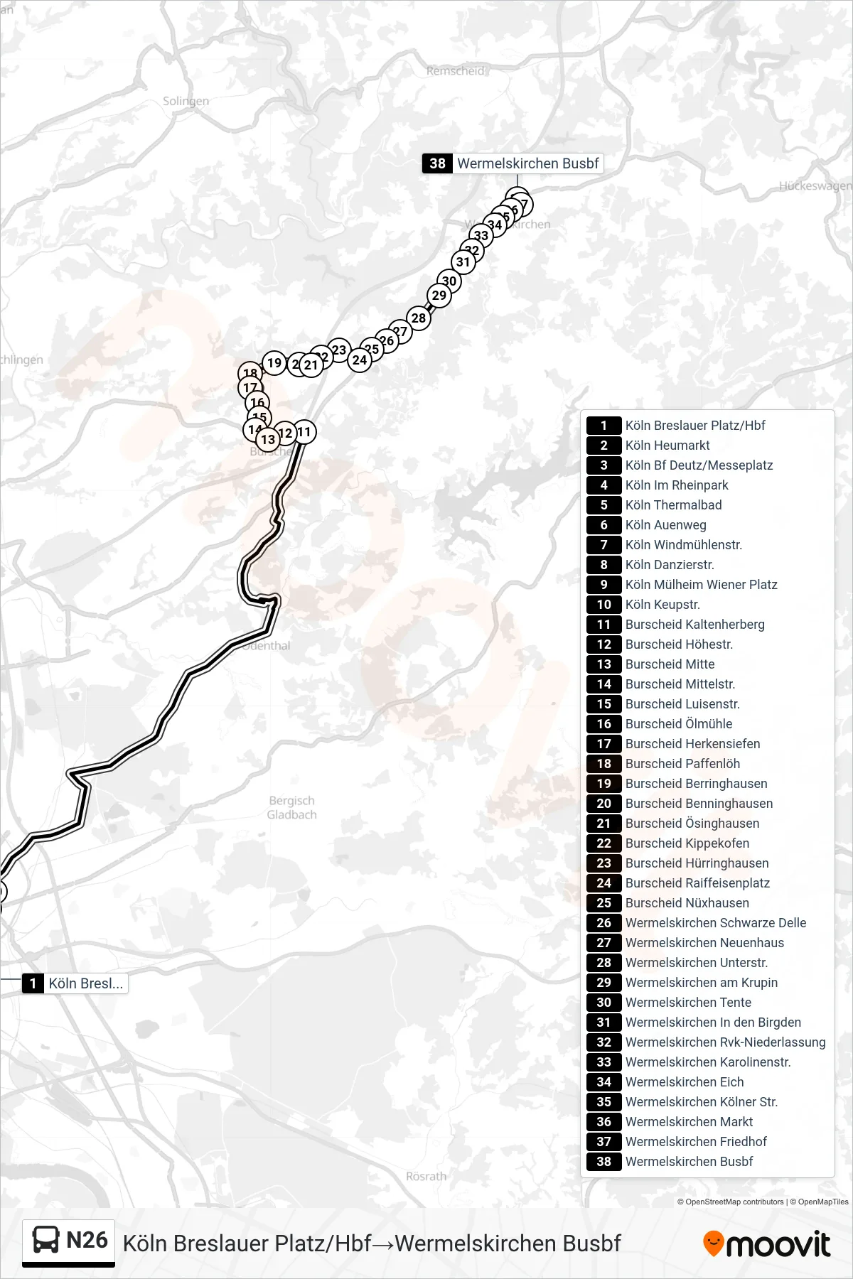 Linie N26 (Bus) Richtung Köln Breslauer Platz/Hbf‎→Wermelskirchen Busbf: Route und Haltestellen auf der Karte