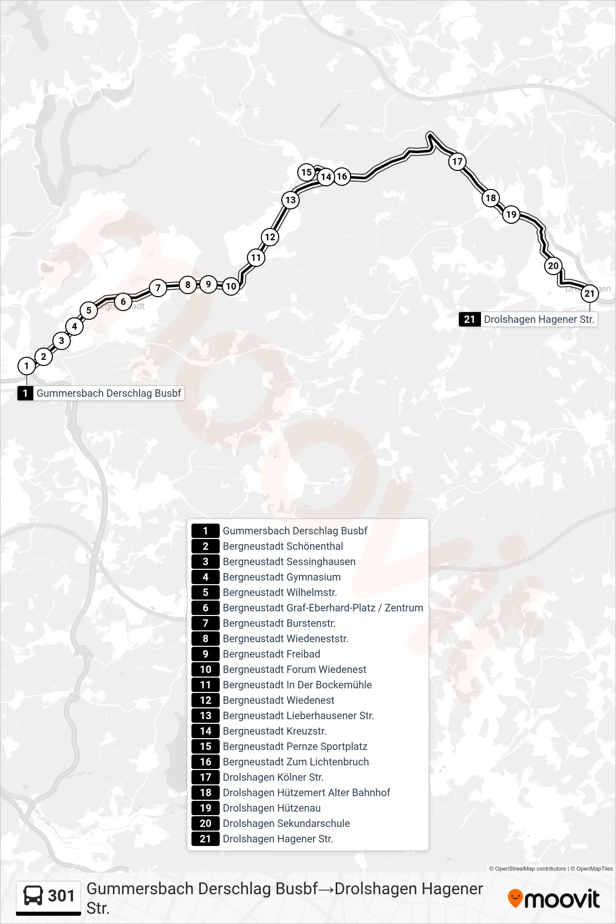 301 bus Line (Gummersbach Derschlag Busbf→Drolshagen Hagener Str.) route and stops on a map