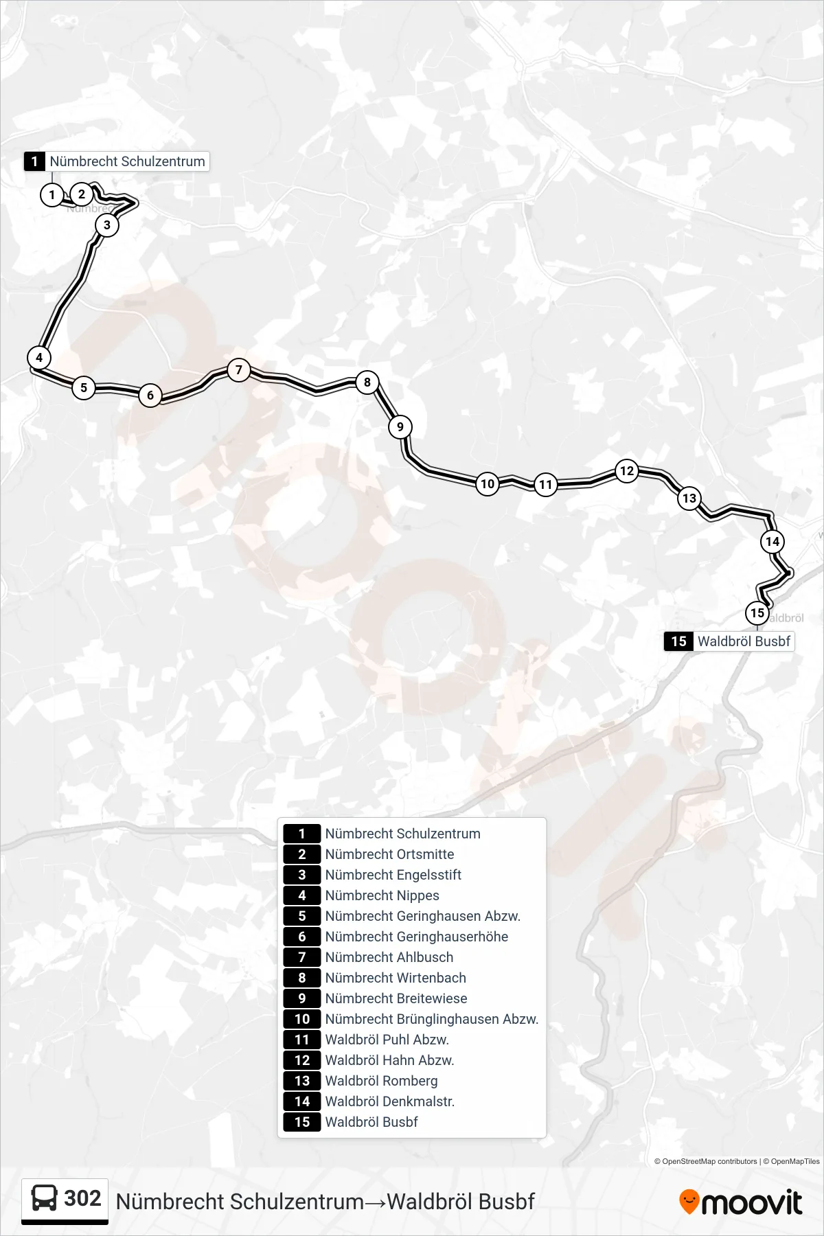 Linie 302 (Bus) Richtung Nümbrecht Schulzentrum→Waldbröl Busbf: Route und Haltestellen auf der Karte