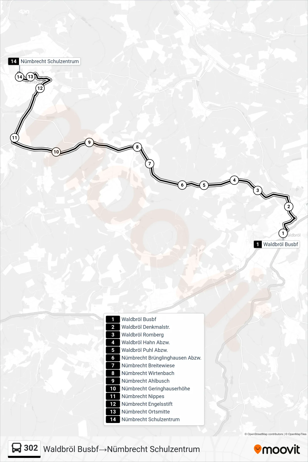 302 bus Line (Waldbröl Busbf‎→Nümbrecht Schulzentrum) route and stops on a map