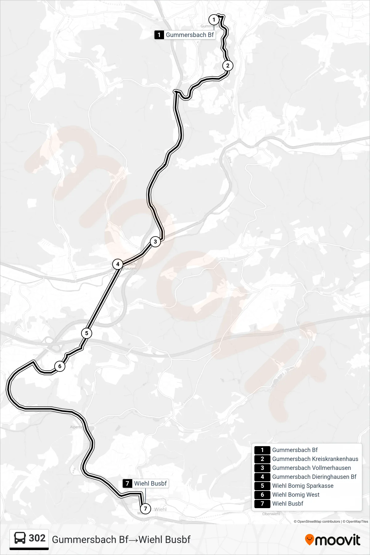 Linie 302 (Bus) Richtung Gummersbach Bf→Wiehl Busbf: Route und Haltestellen auf der Karte