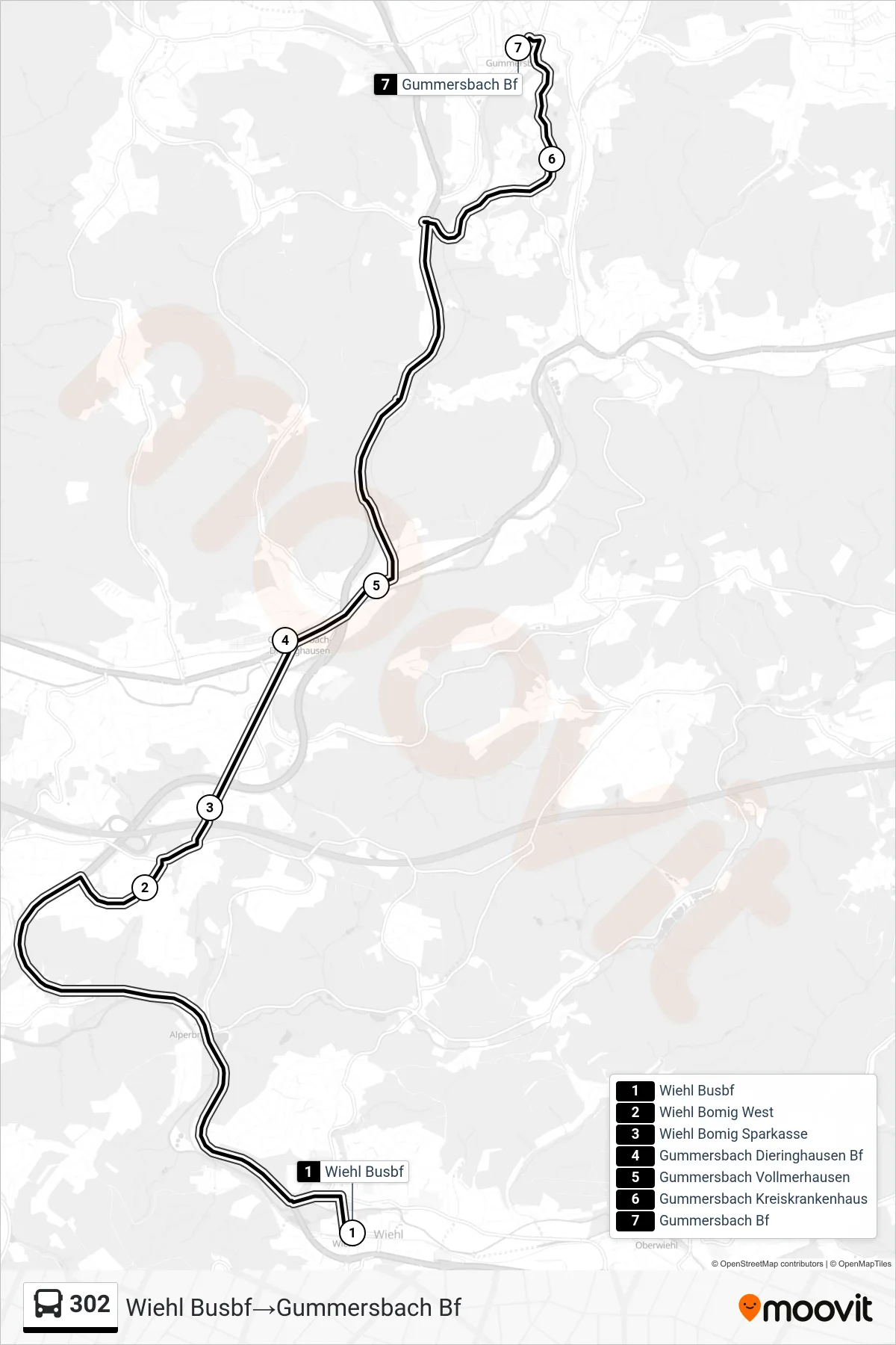 Linie 302 (Bus) Richtung Wiehl Busbf→Gummersbach Bf: Route und Haltestellen auf der Karte
