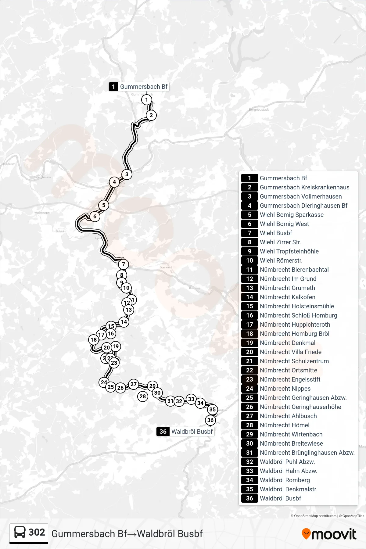 Linie 302 (Bus) Richtung Gummersbach Bf‎→Waldbröl Busbf: Route und Haltestellen auf der Karte