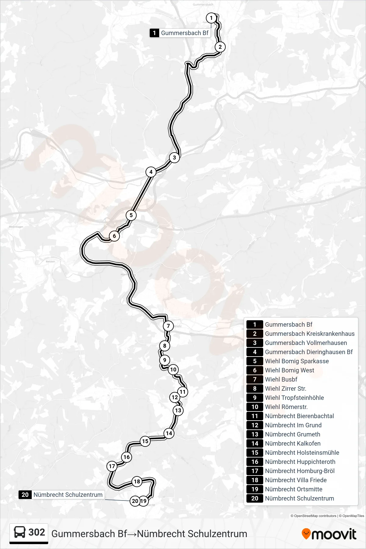 Linie 302 (Bus) Richtung Gummersbach Bf→Nümbrecht Schulzentrum: Route und Haltestellen auf der Karte