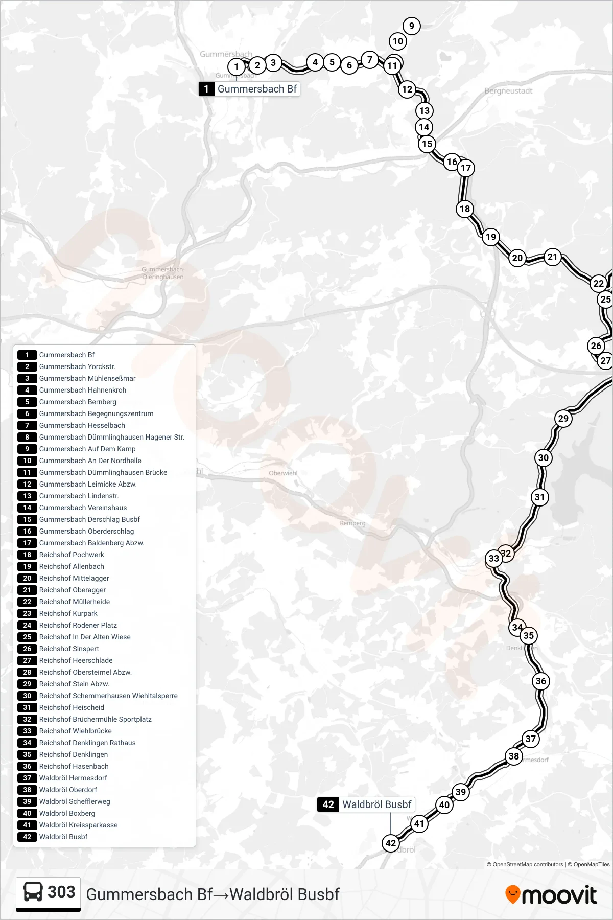 Linie 303 (Bus) Richtung Gummersbach Bf‎→Waldbröl Busbf: Route und Haltestellen auf der Karte