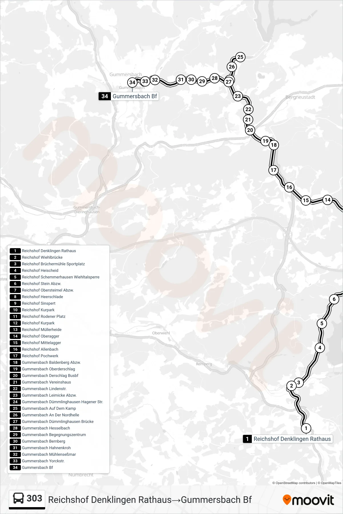 Linie 303 (Bus) Richtung Reichshof Denklingen Rathaus→Gummersbach Bf: Route und Haltestellen auf der Karte