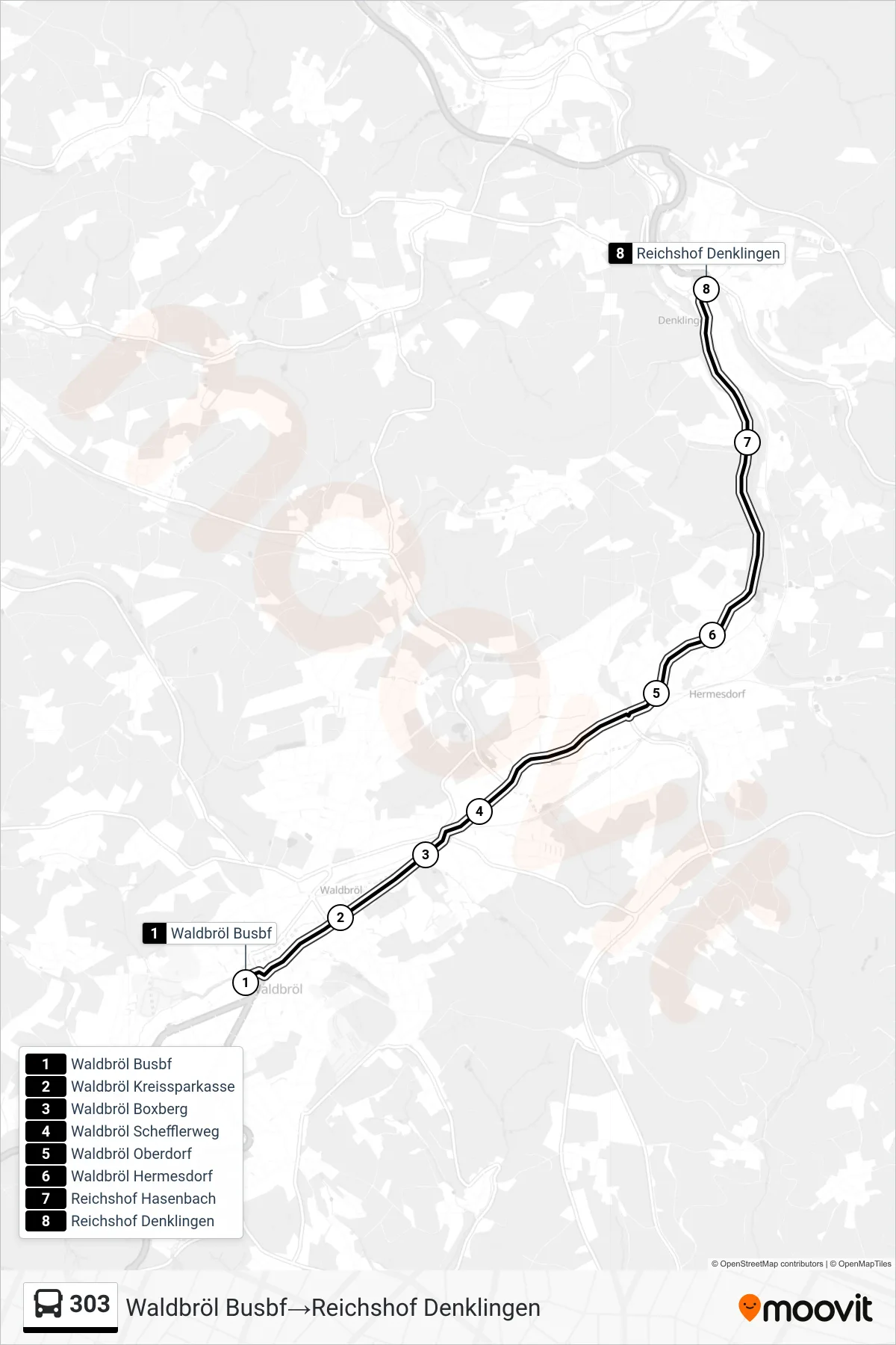 Linie 303 (Bus) Richtung Waldbröl Busbf‎→Reichshof Denklingen: Route und Haltestellen auf der Karte