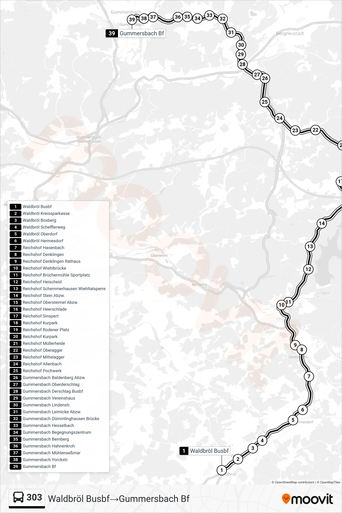 Linie 303 (Bus) Richtung Waldbröl Busbf→Gummersbach Bf: Route und Haltestellen auf der Karte