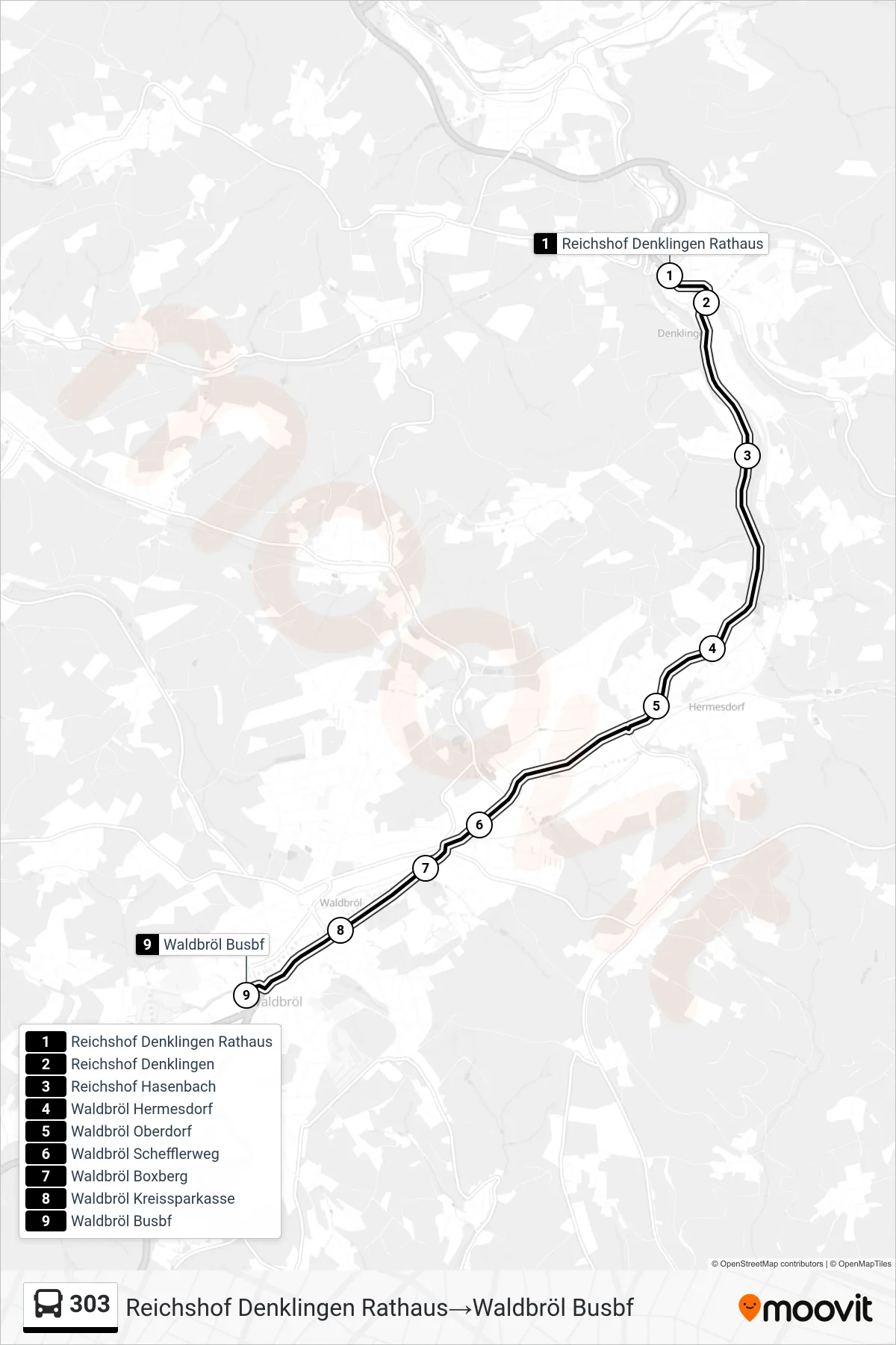 Linie 303 (Bus) Richtung Reichshof Denklingen Rathaus‎→Waldbröl Busbf: Route und Haltestellen auf der Karte