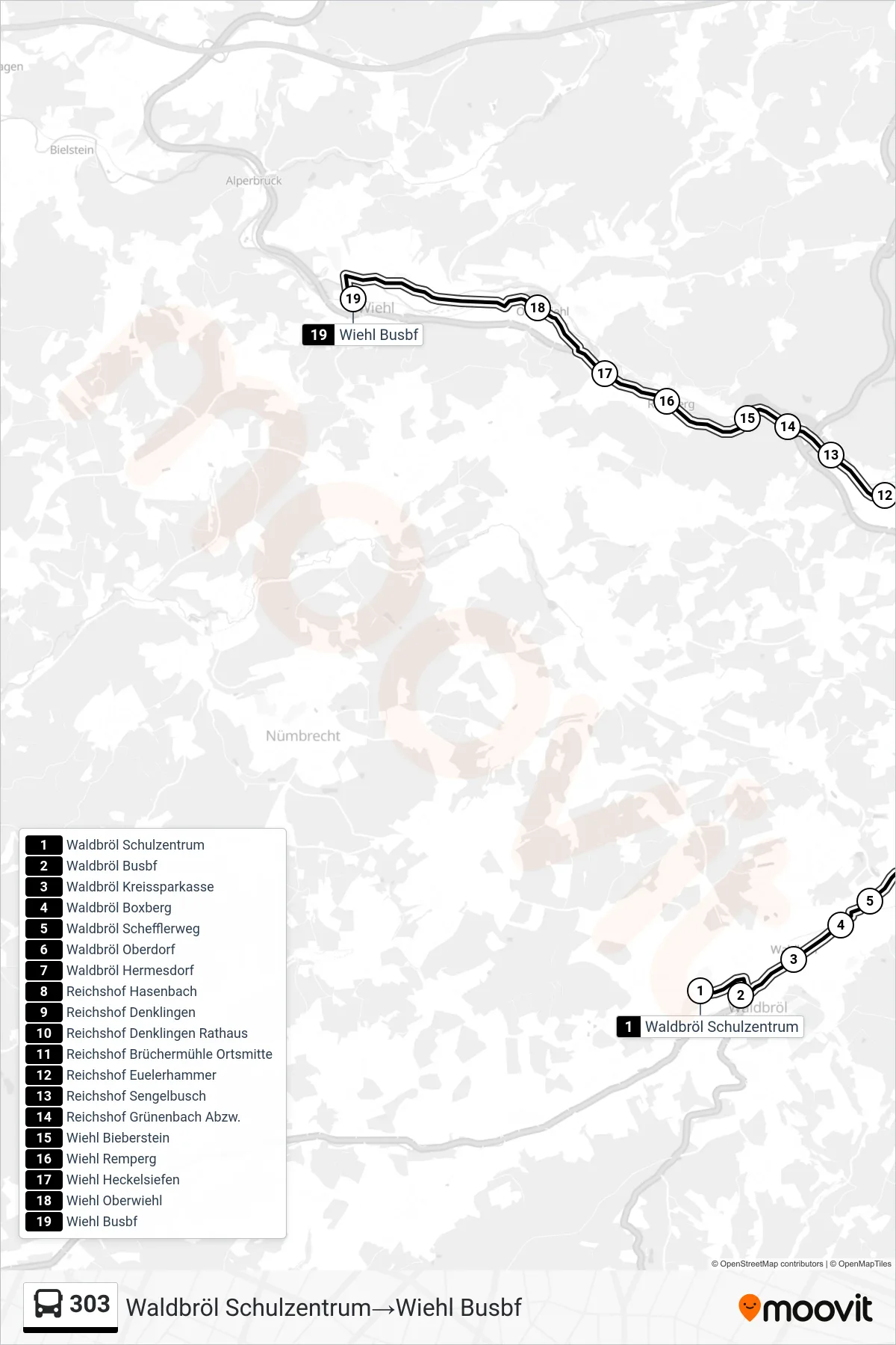 Linie 303 (Bus) Richtung Waldbröl Schulzentrum→Wiehl Busbf: Route und Haltestellen auf der Karte