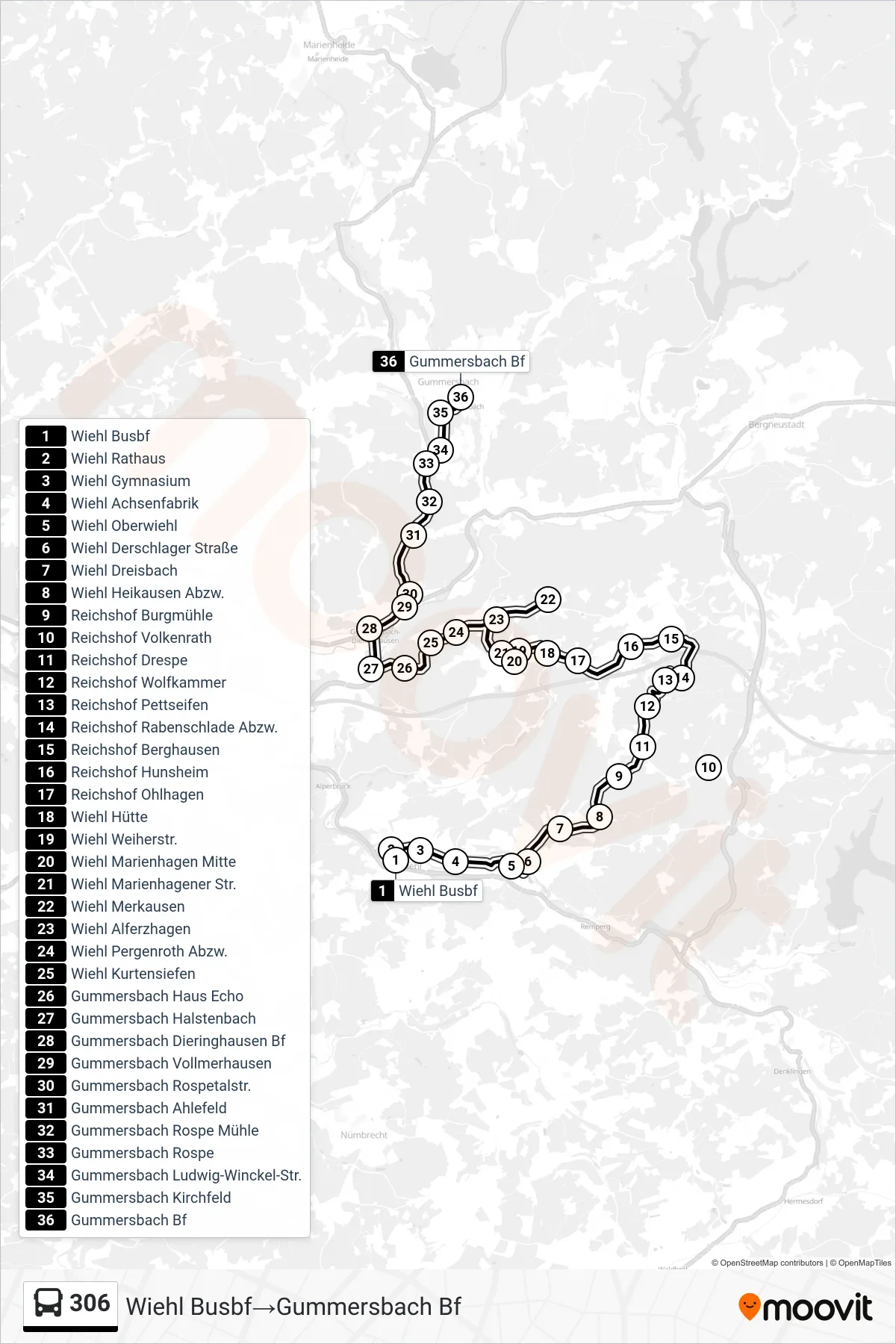 306 bus Line (Wiehl Busbf→Gummersbach Bf) route and stops on a map