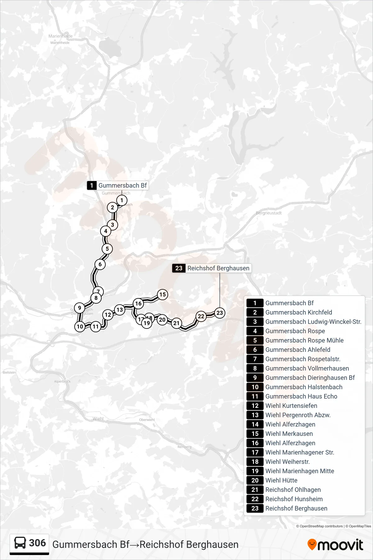 306 bus Line (Gummersbach Bf→Reichshof Berghausen) route and stops on a map