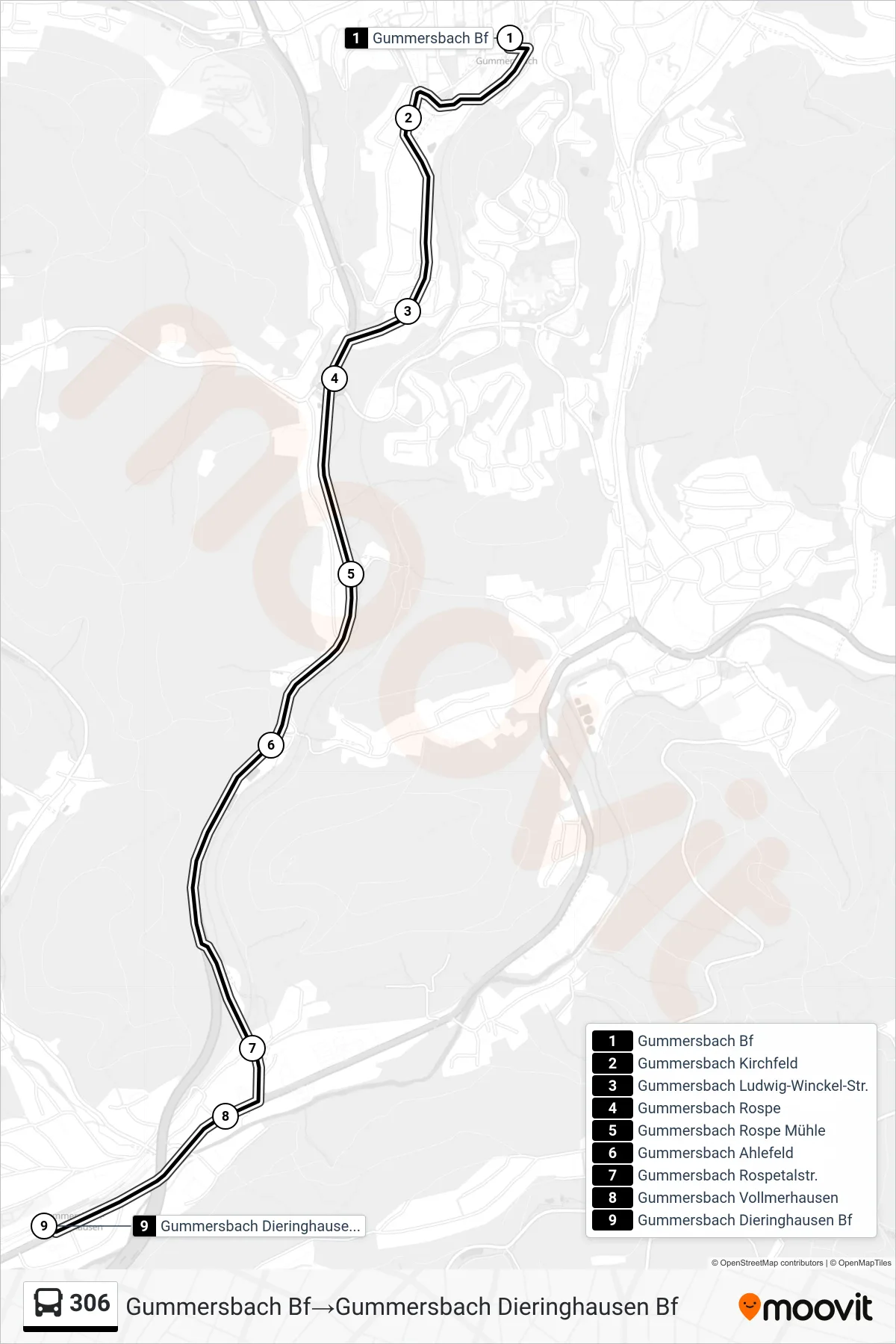 306 bus Line (Gummersbach Bf→Gummersbach Dieringhausen Bf) route and stops on a map