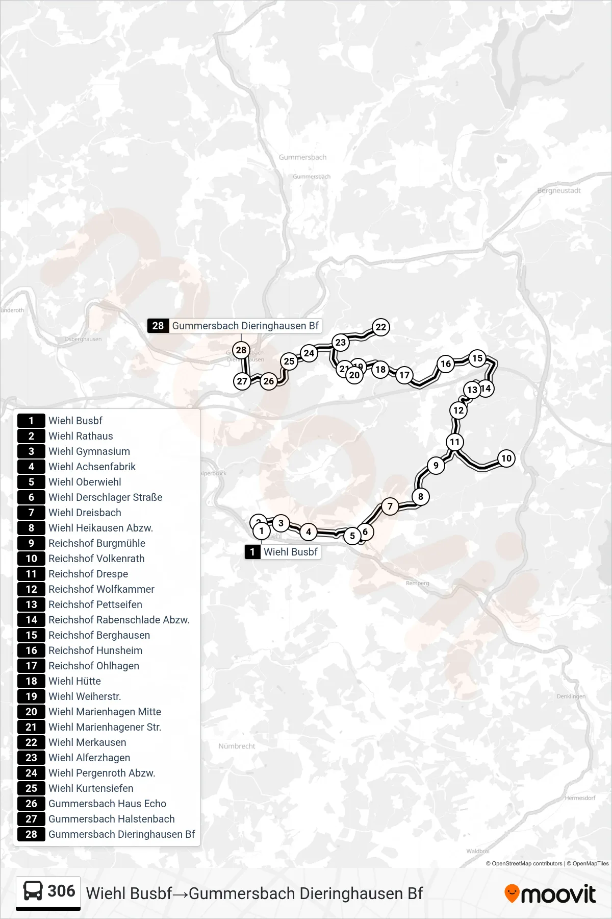 306 bus Line (Wiehl Busbf→Gummersbach Dieringhausen Bf) route and stops on a map