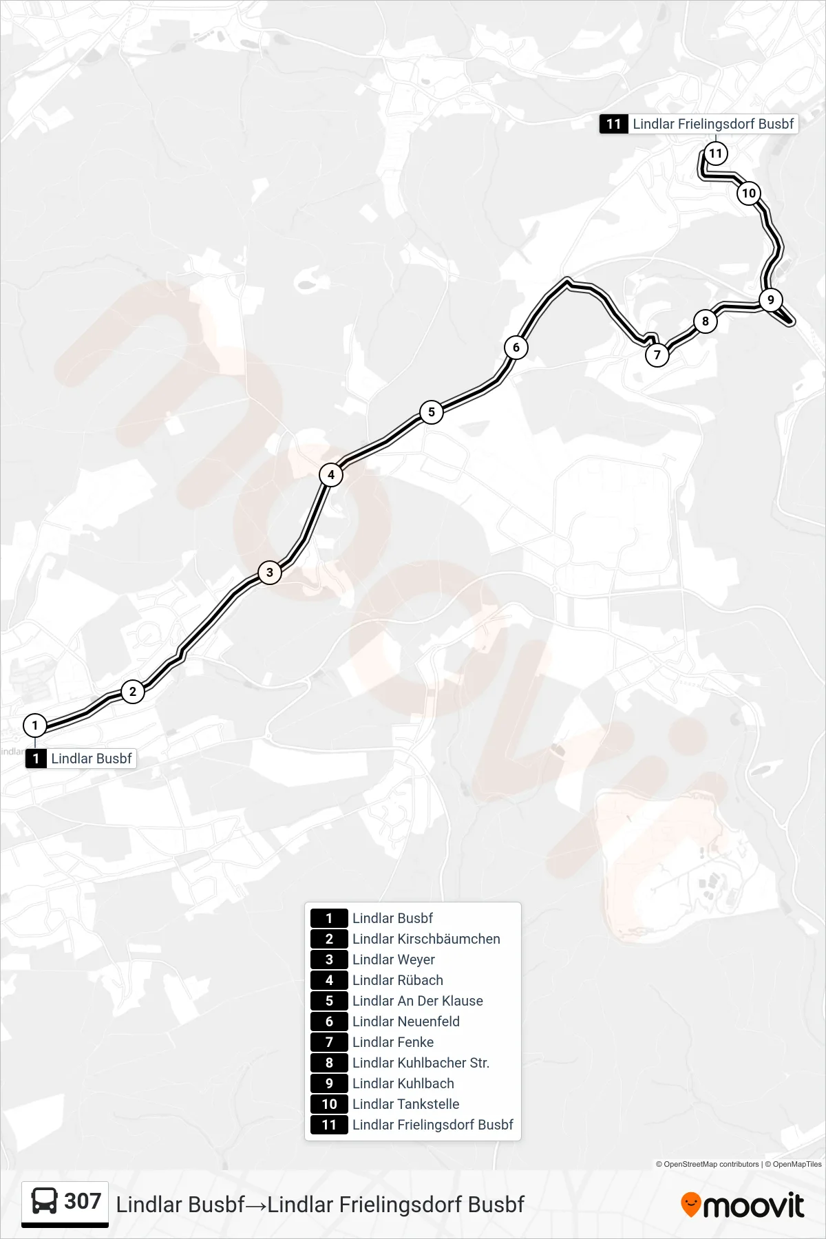 Linie 307 (Bus) Richtung Lindlar Busbf→Lindlar Frielingsdorf Busbf: Route und Haltestellen auf der Karte