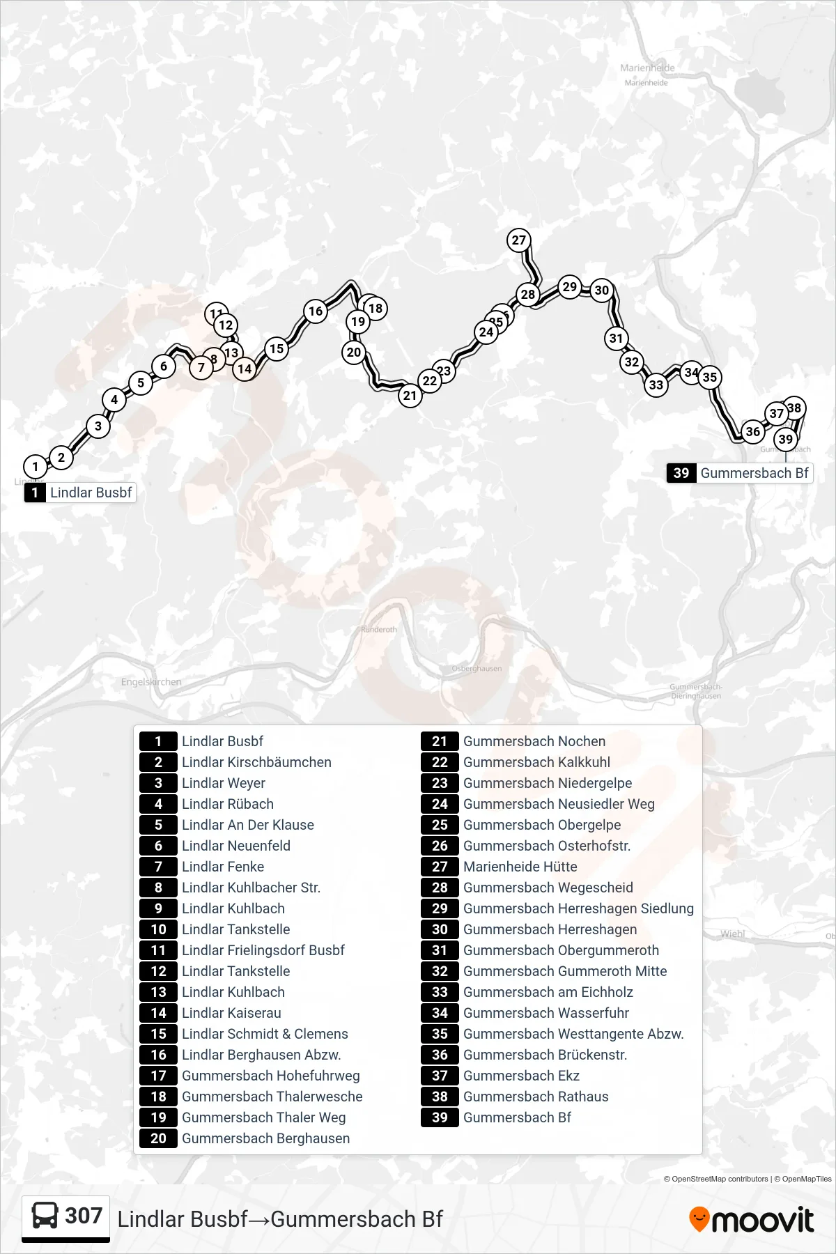 Linie 307 (Bus) Richtung Lindlar Busbf→Gummersbach Bf: Route und Haltestellen auf der Karte