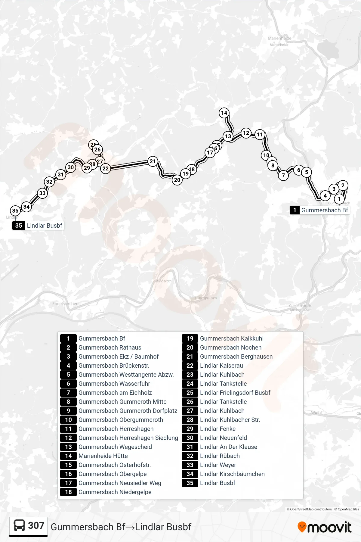 307 bus Line (Gummersbach Bf→Lindlar Busbf) route and stops on a map