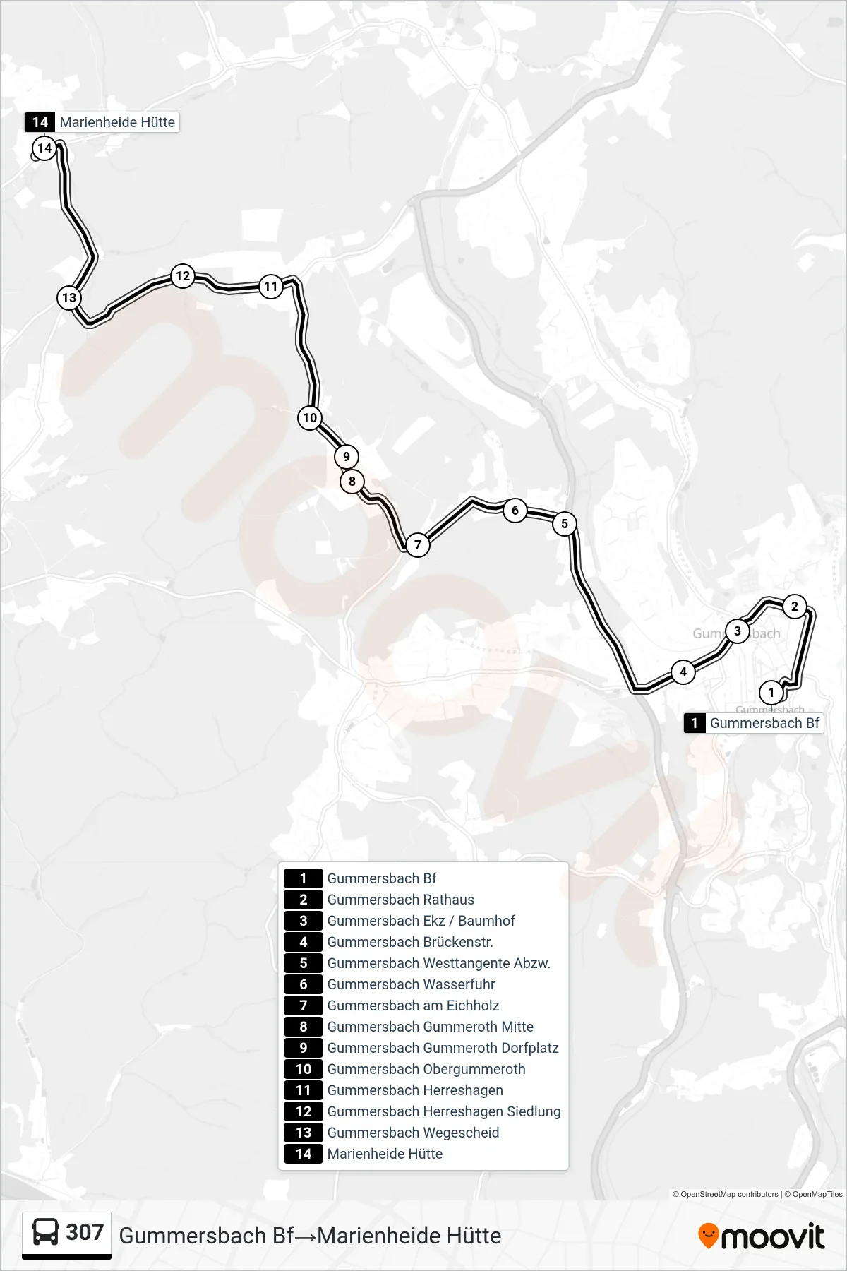 Linie 307 (Bus) Richtung Gummersbach Bf‎→Marienheide Hütte: Route und Haltestellen auf der Karte