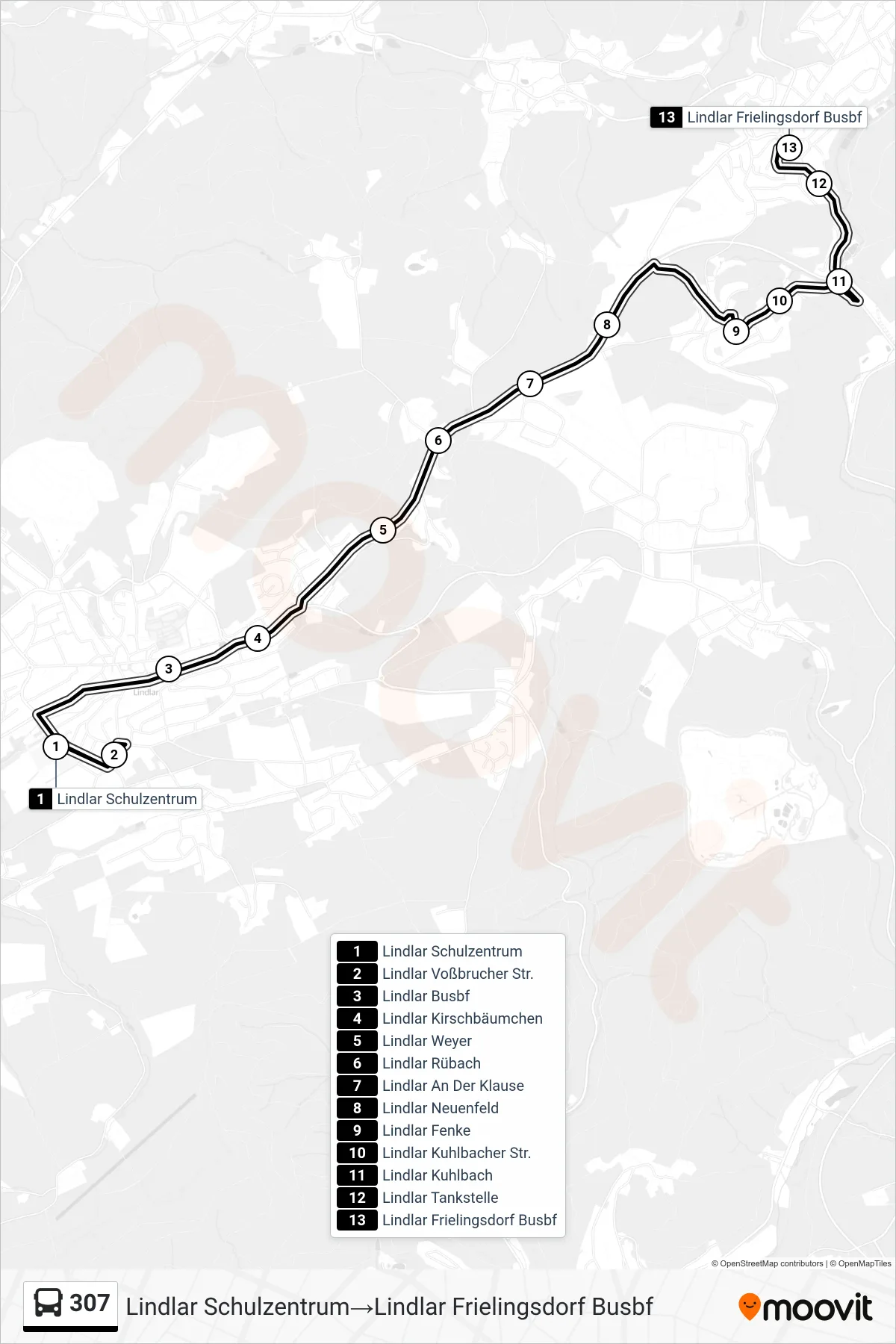Linie 307 (Bus) Richtung Lindlar Schulzentrum‎→Lindlar Frielingsdorf Busbf: Route und Haltestellen auf der Karte