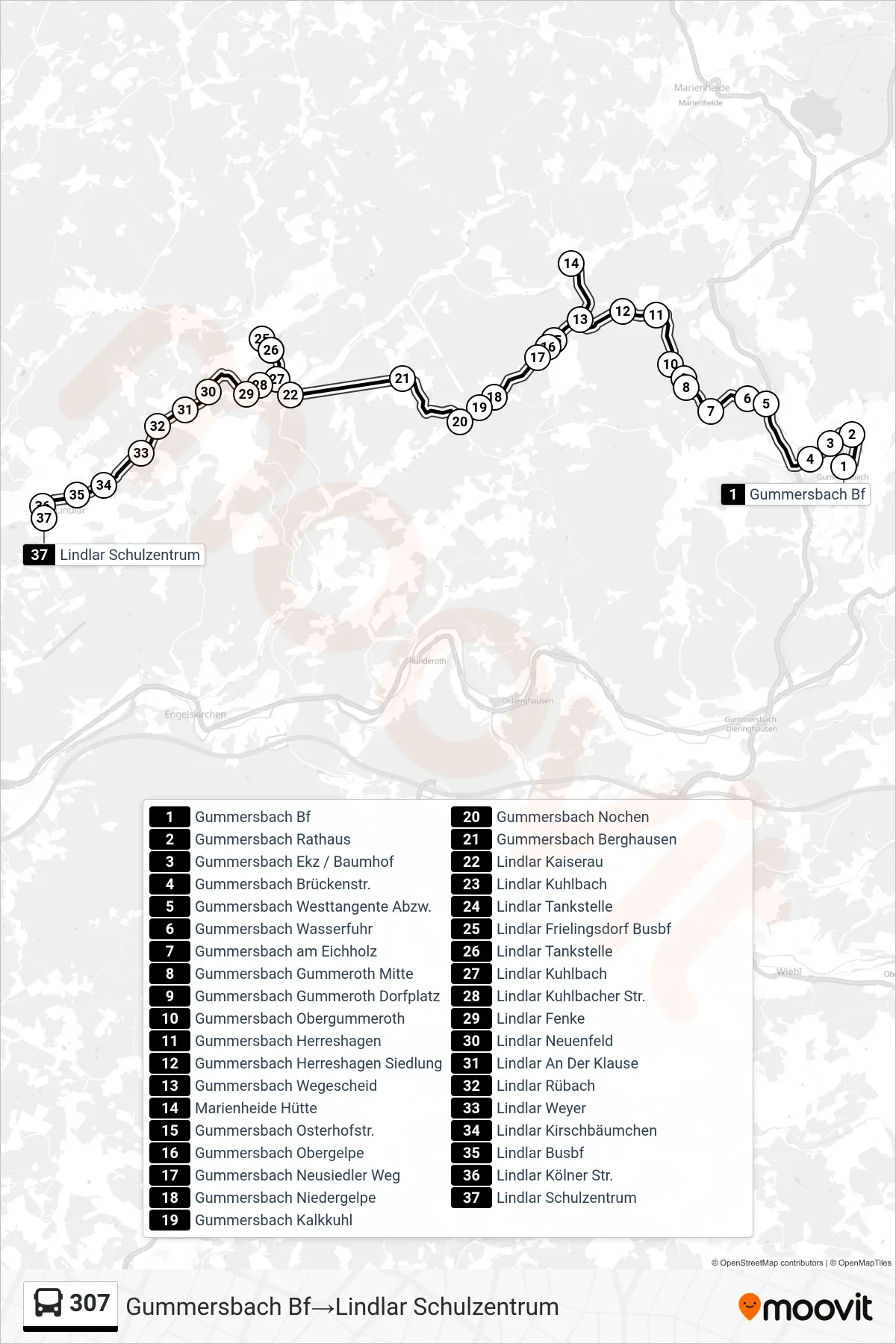 Linie 307 (Bus) Richtung Gummersbach Bf→Lindlar Schulzentrum: Route und Haltestellen auf der Karte