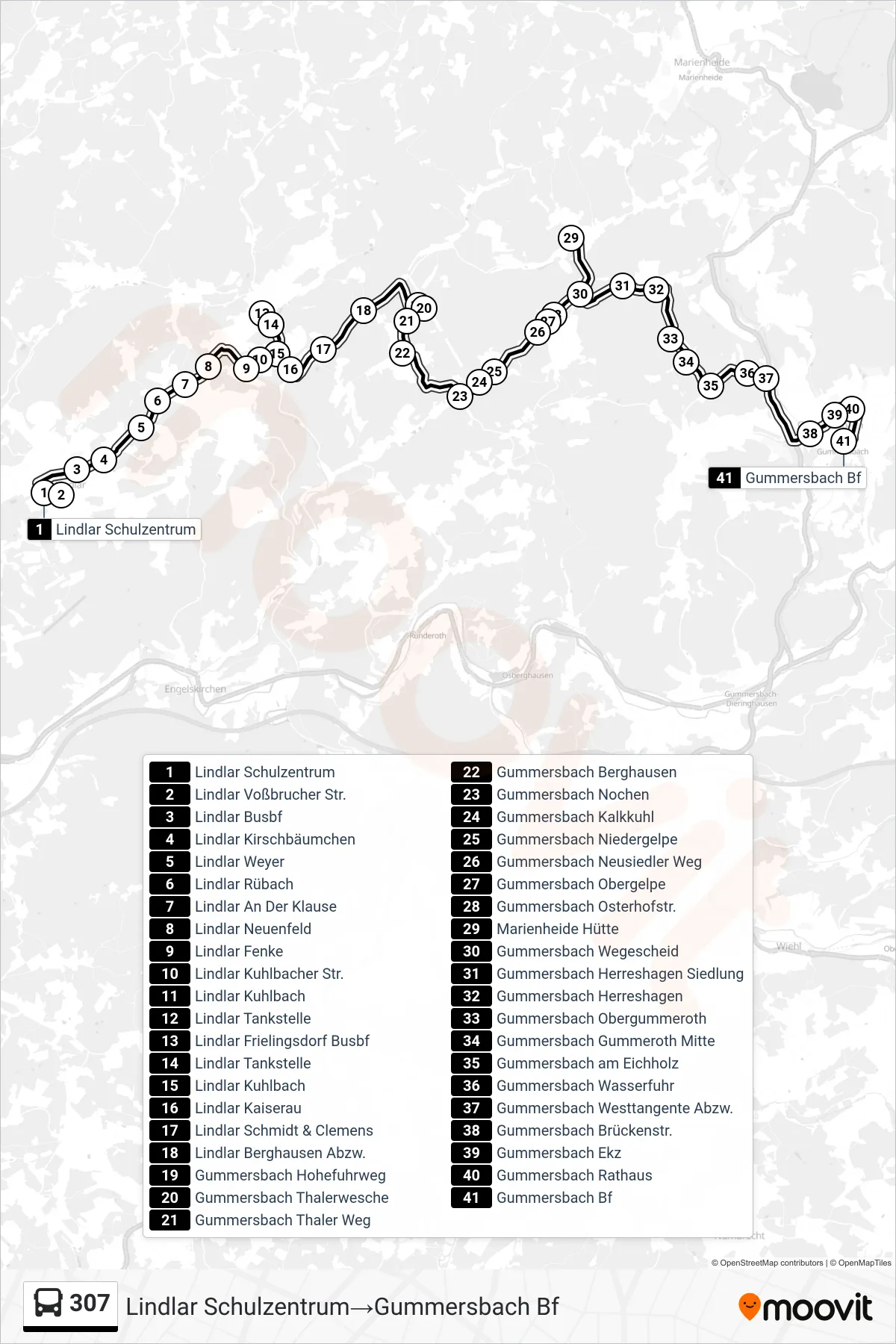 Linie 307 (Bus) Richtung Lindlar Schulzentrum‎→Gummersbach Bf: Route und Haltestellen auf der Karte