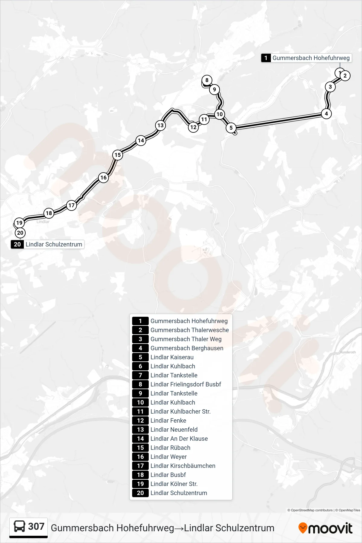 Linie 307 (Bus) Richtung Gummersbach Hohefuhrweg‎→Lindlar Schulzentrum: Route und Haltestellen auf der Karte
