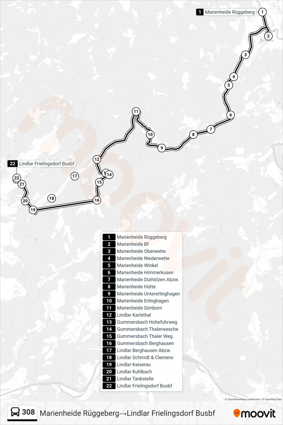 Linie 308 (Bus) Richtung Marienheide Rüggeberg→Lindlar Frielingsdorf Busbf: Route und Haltestellen auf der Karte