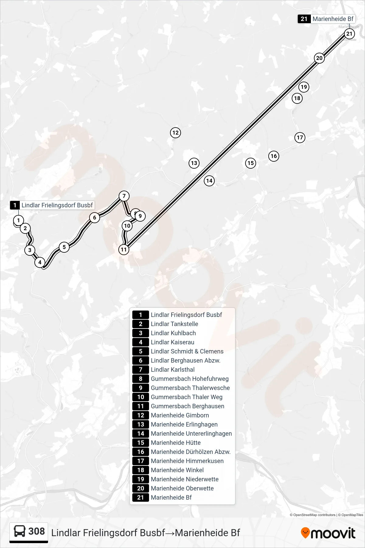308 bus Line (Lindlar Frielingsdorf Busbf‎→Marienheide Bf) route and stops on a map