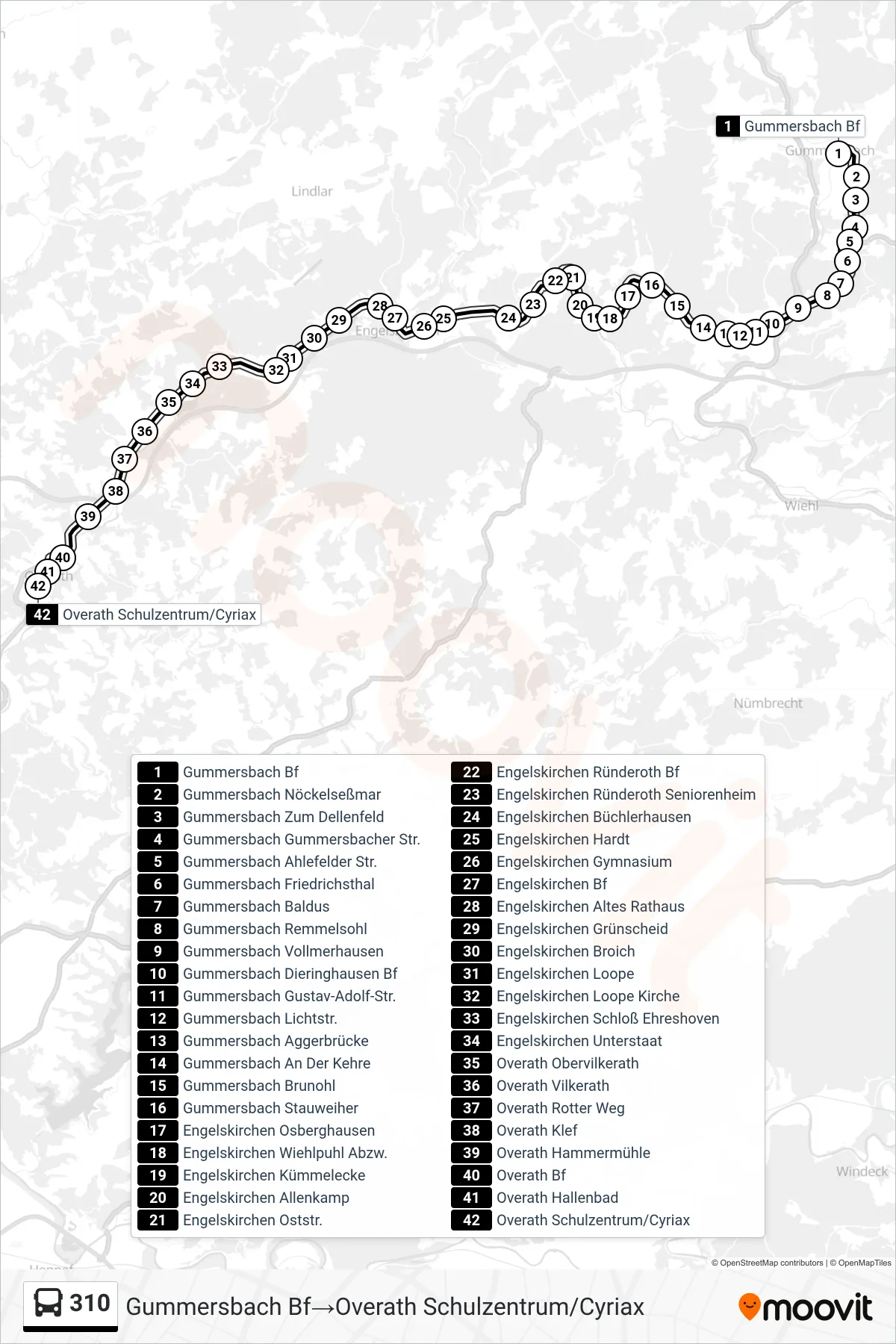 310 bus Line (Gummersbach Bf→Overath Schulzentrum/Cyriax) route and stops on a map