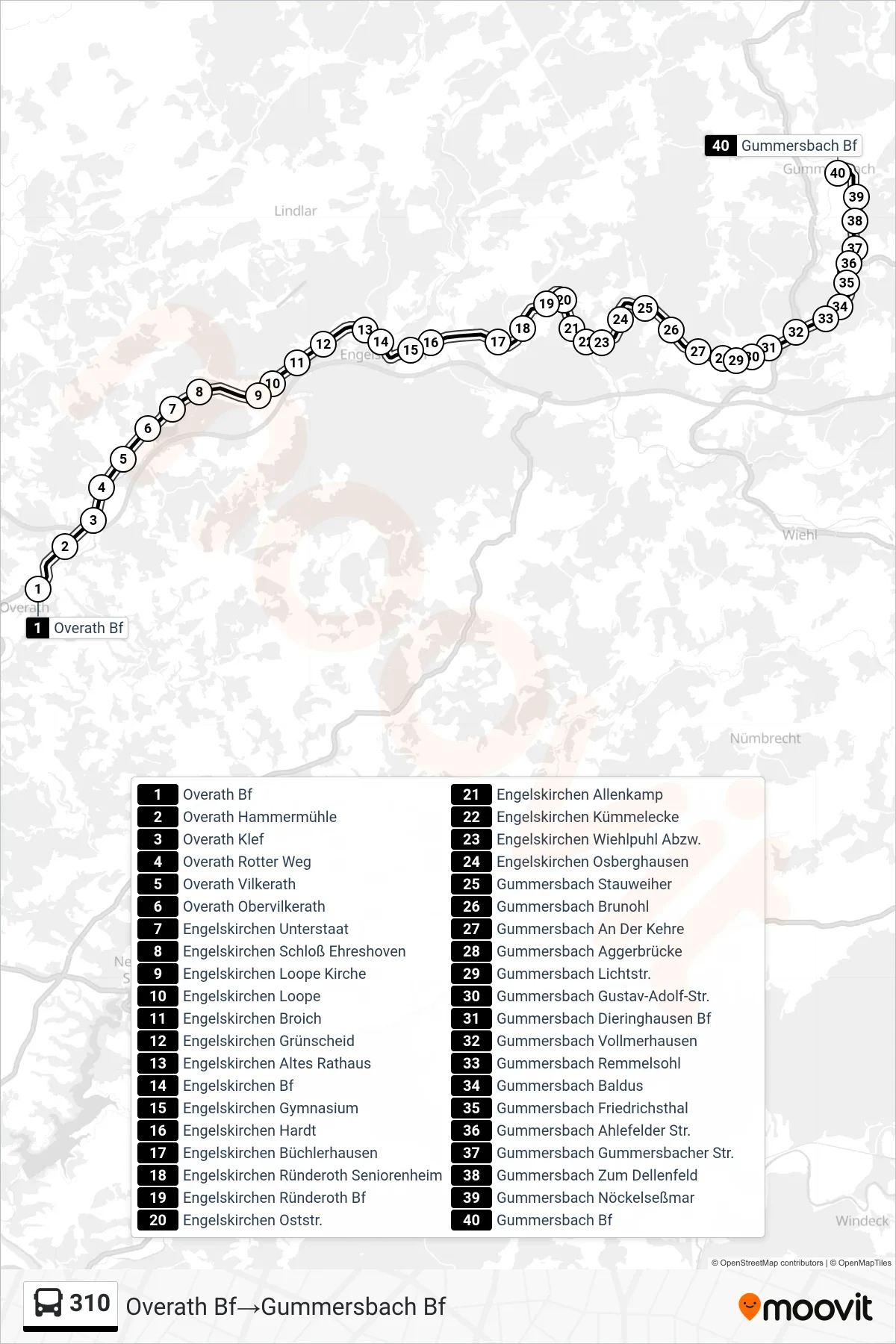 Linie 310 (Bus) Richtung Overath Bf→Gummersbach Bf: Route und Haltestellen auf der Karte