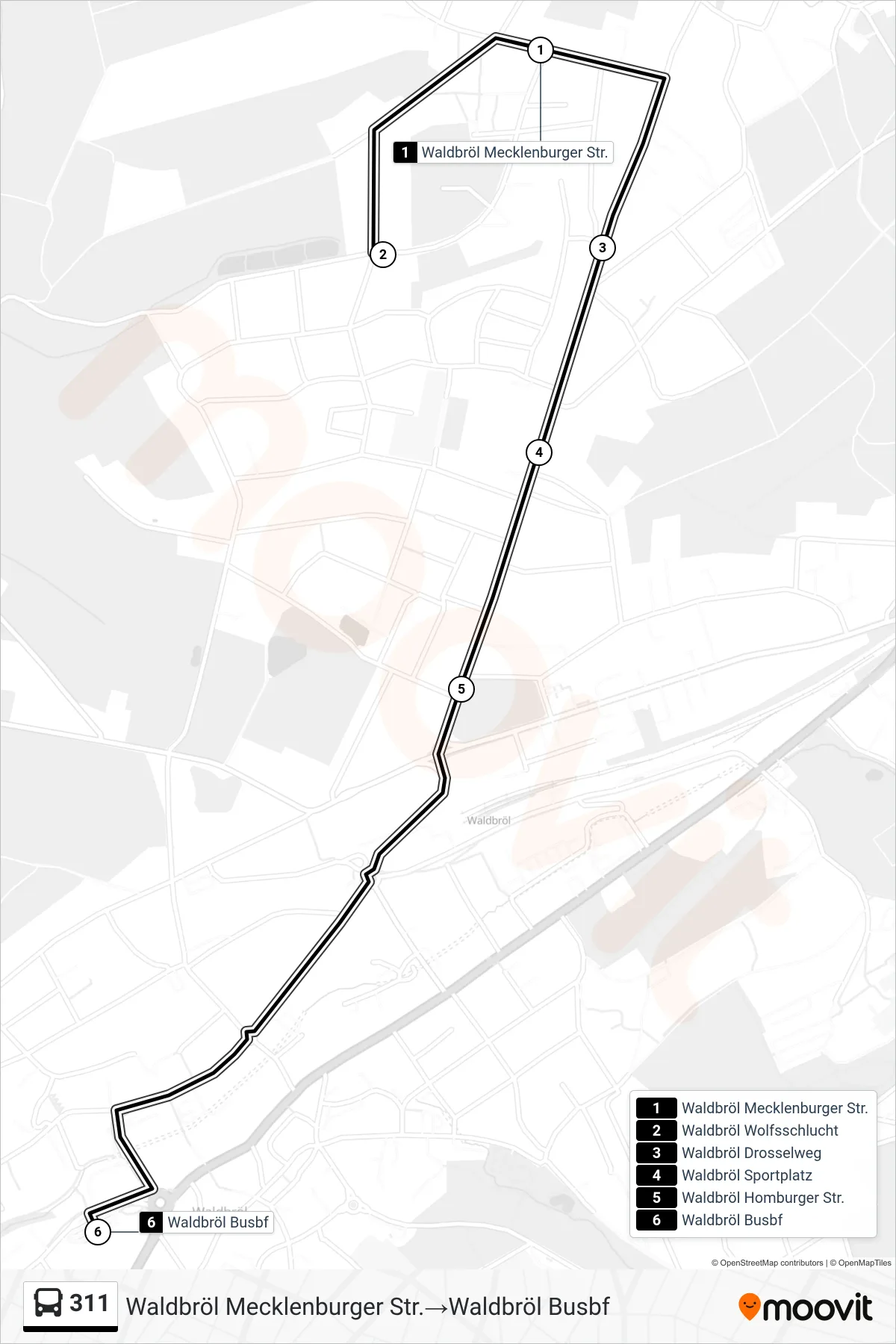 Linie 311 (Bus) Richtung Waldbröl Mecklenburger Str.‎→Waldbröl Busbf: Route und Haltestellen auf der Karte